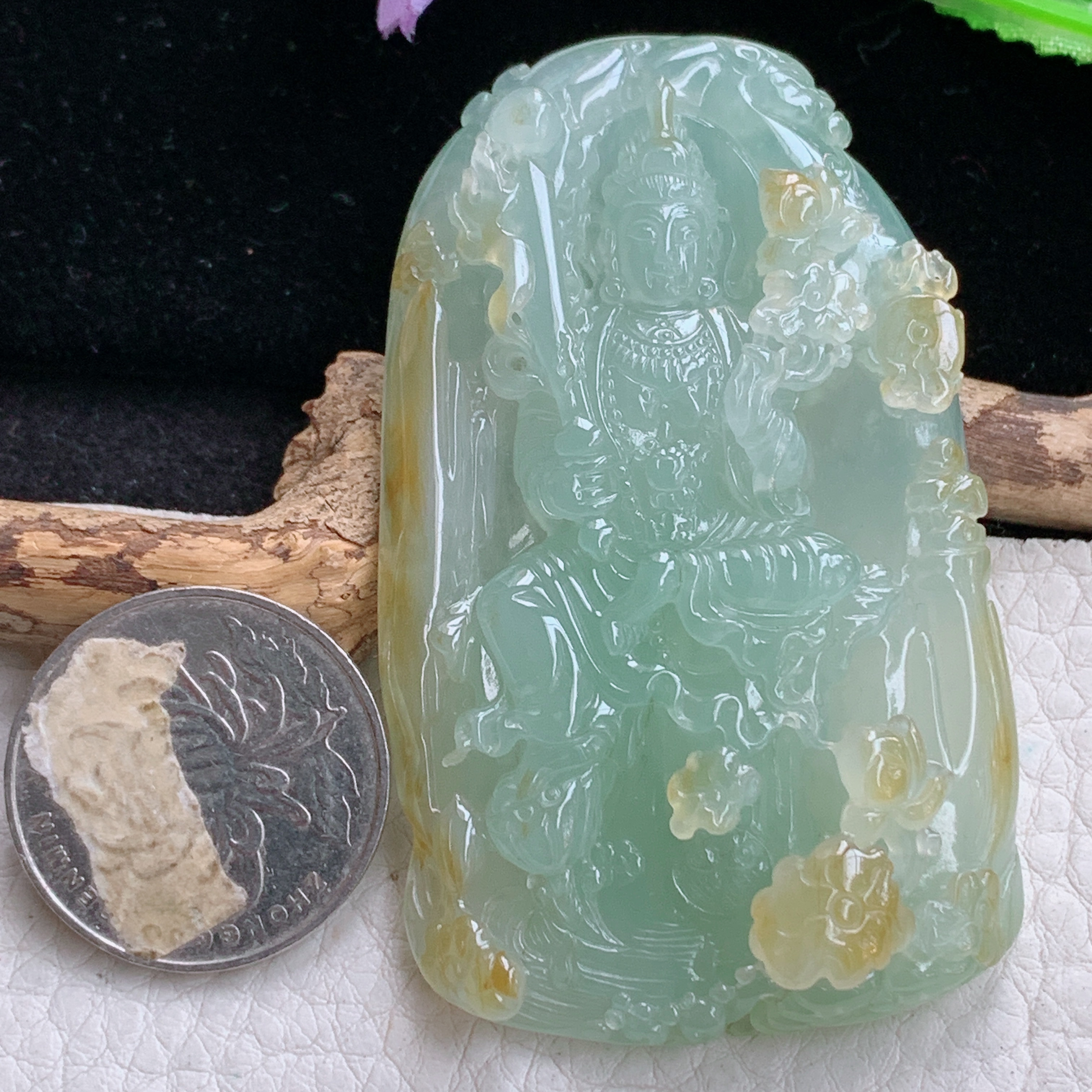 Sx实拍67*41*13.2缅甸天然翡翠冰黄翡虚空藏菩萨吊坠男款坐莲观音项坠