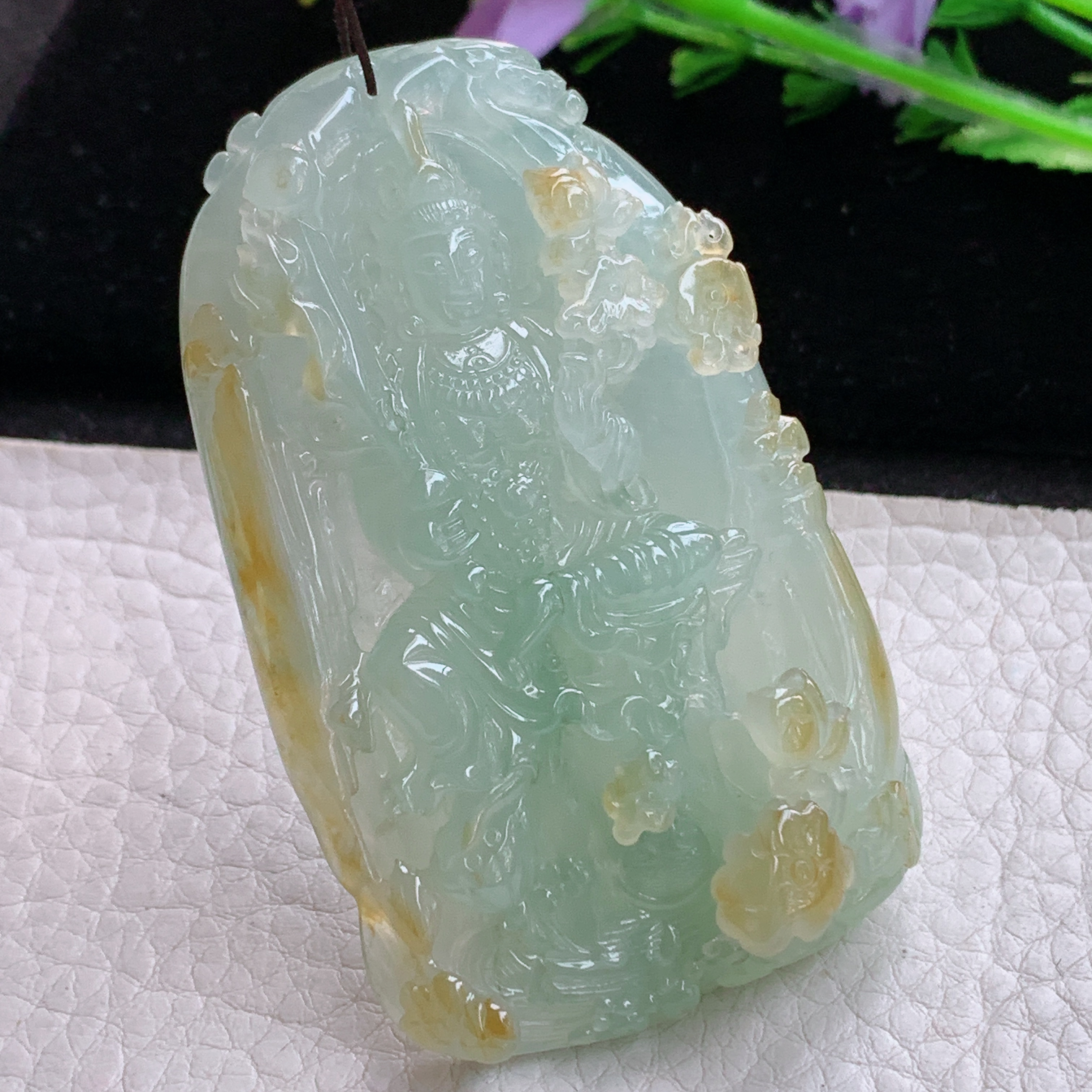 Sx实拍67*41*13.2缅甸天然翡翠冰黄翡虚空藏菩萨吊坠男款坐莲观音项坠