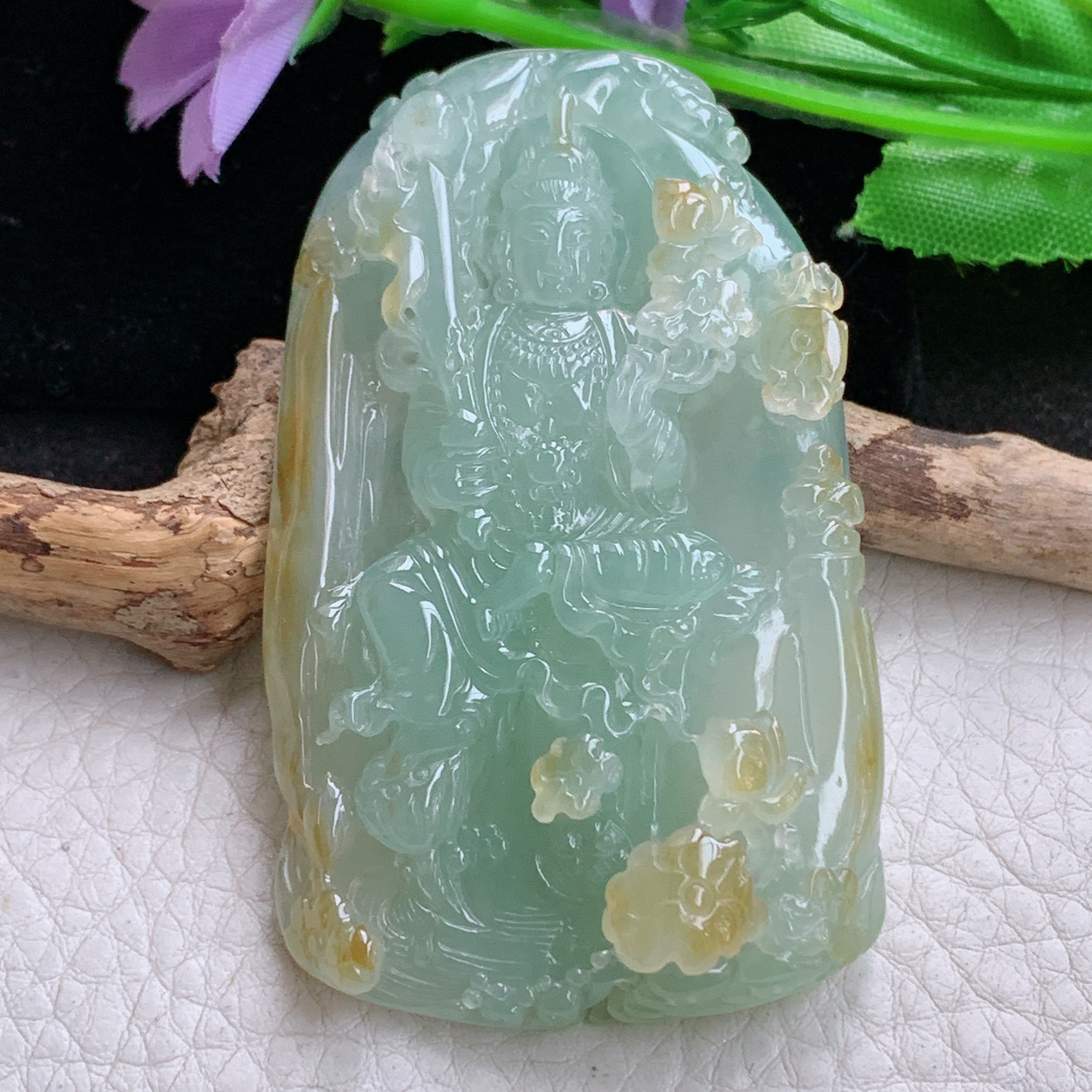 Sx实拍67*41*13.2缅甸天然翡翠冰黄翡虚空藏菩萨吊坠男款坐莲观音项坠