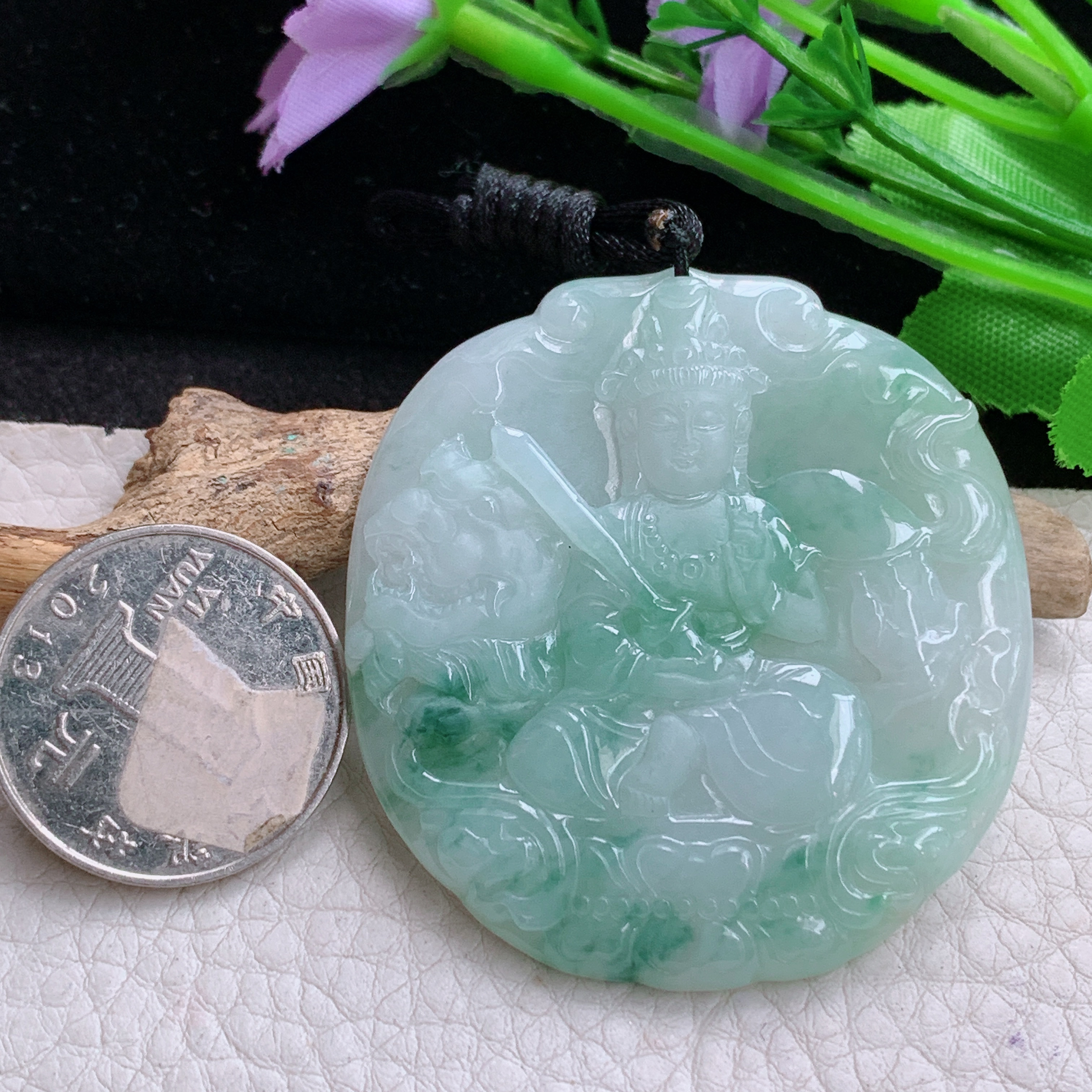 f8实拍51.5*48.6*5.6缅甸天然翡翠飘花文殊观音菩萨吊坠生肖守护神项坠