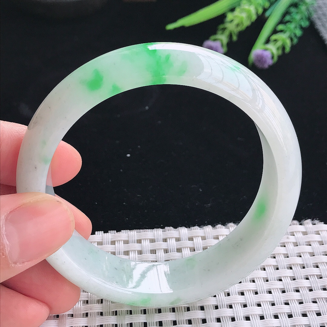 实拍天然翡翠58.5/16.4/8.2老坑冰润飘阳绿轮胎手镯翡翠玉镯手环