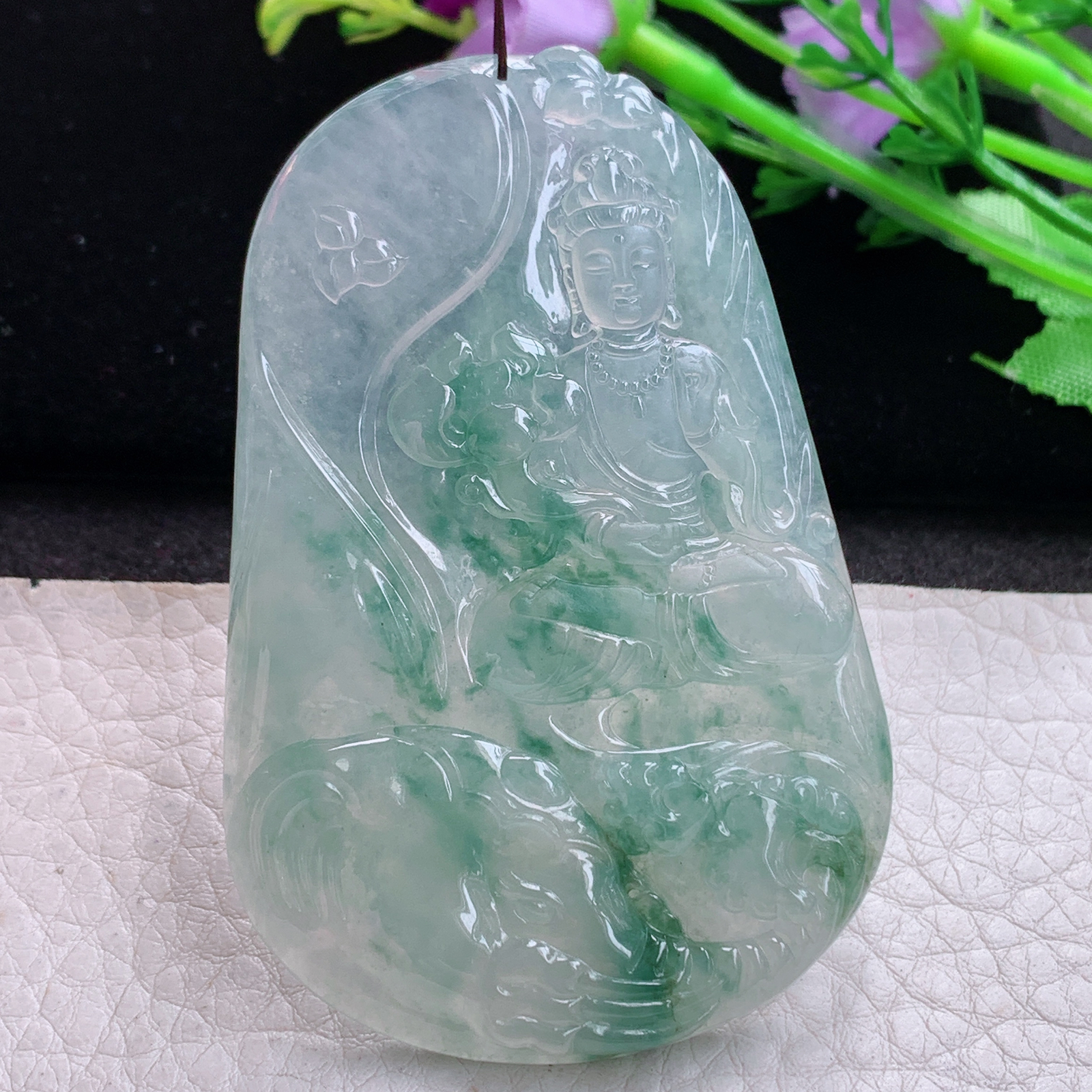 ktj实拍70.5*46.5*5.8缅甸天然翡翠冰飘花生肖守护神普贤菩萨玉项坠 玉挂件