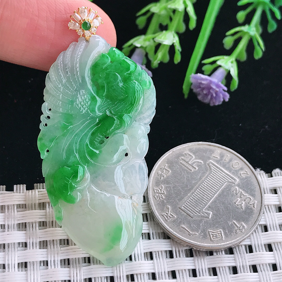 实拍A货翡翠45/22.8/3.6老坑18k金镶嵌飘阳绿凤凰吊坠翡翠挂件