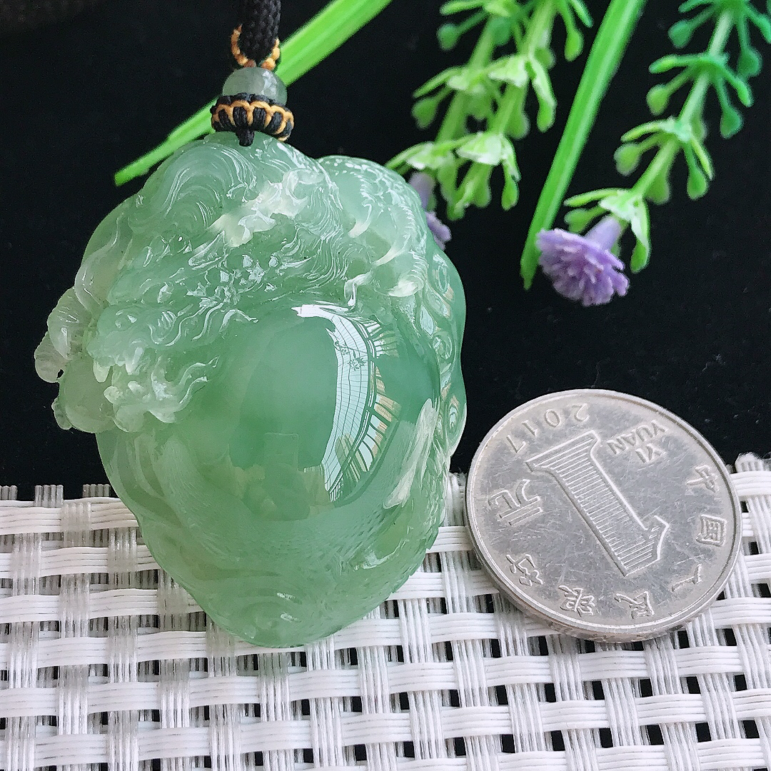 实拍A货翡翠44/37.6/16.3老坑冰胶果冻冰晴绿龙行天下吊坠翡翠龙牌挂件