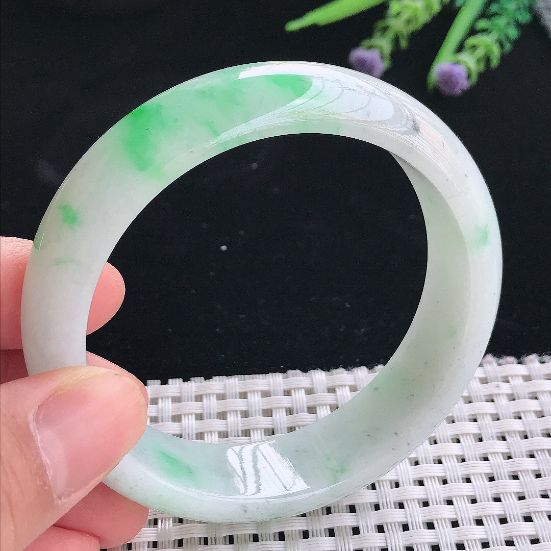 实拍天然翡翠58.5/16.4/8.2老坑冰润飘阳绿轮胎手镯翡翠玉镯手环