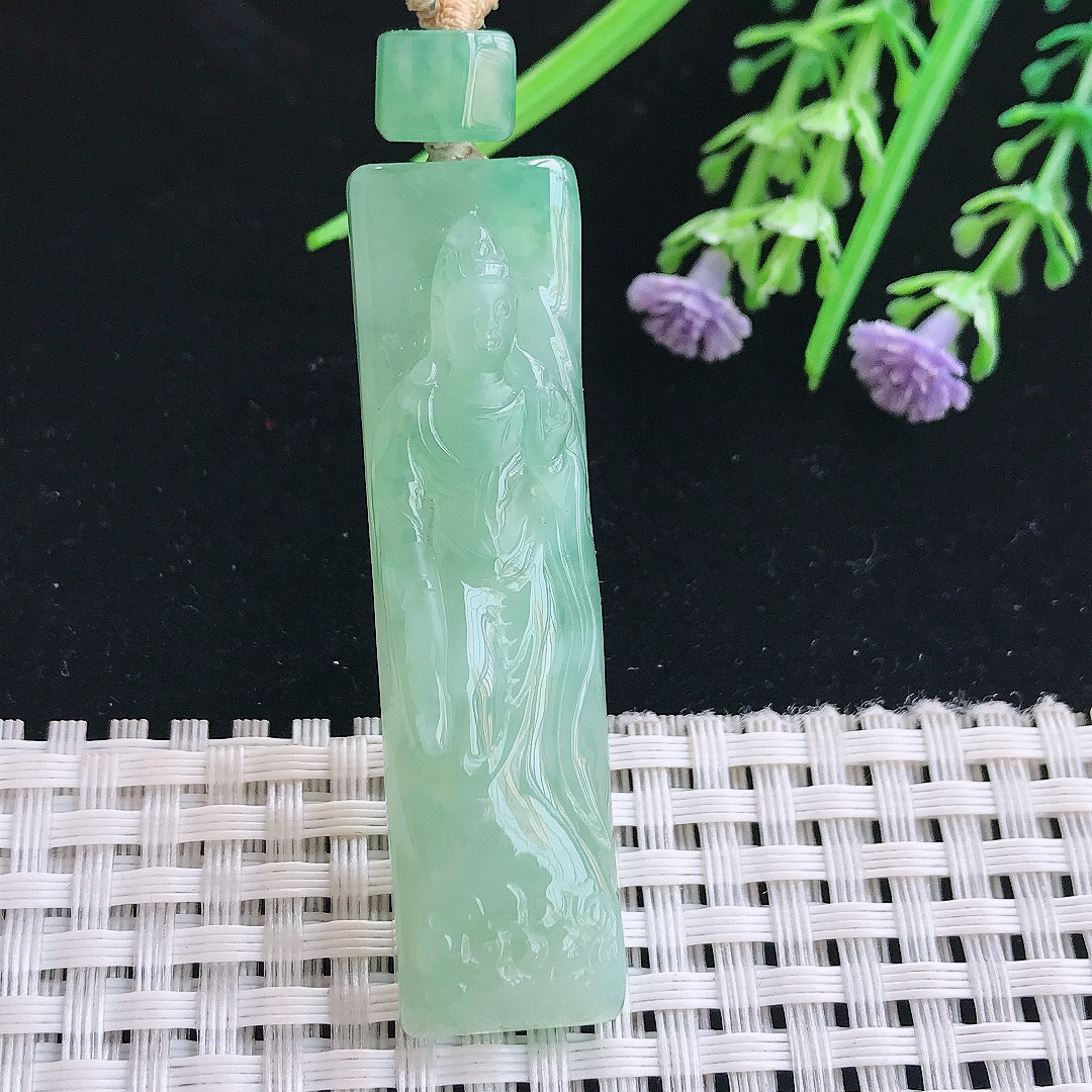 实拍A货翡翠55/14.2/8.2老坑冰胶水灵冰晴绿赐福观音吊坠翡翠挂件