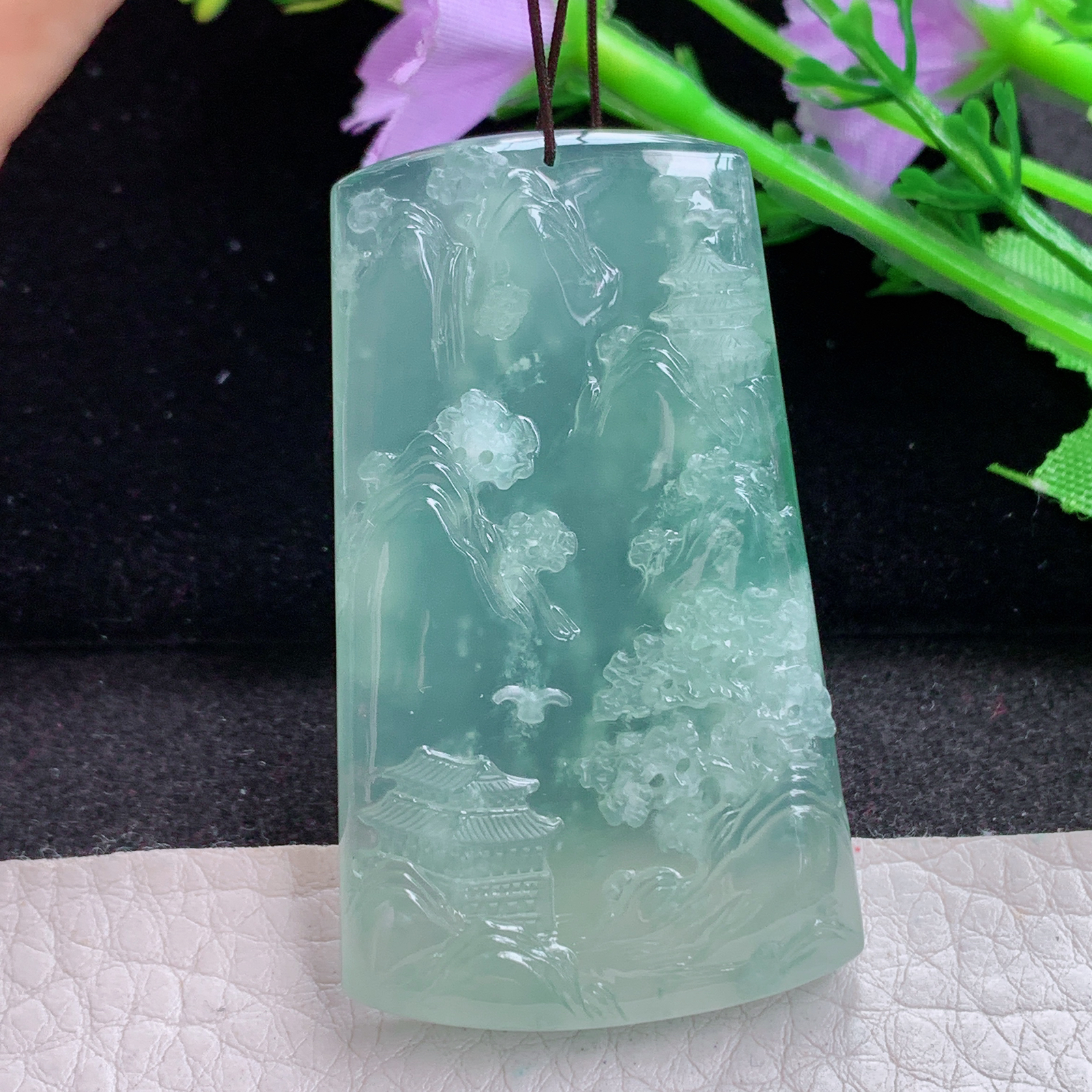 sx实拍54.6*32.8*6.7缅甸天然翡翠冰晴飘雪花绵山水 大好河山玉项坠 玉挂件