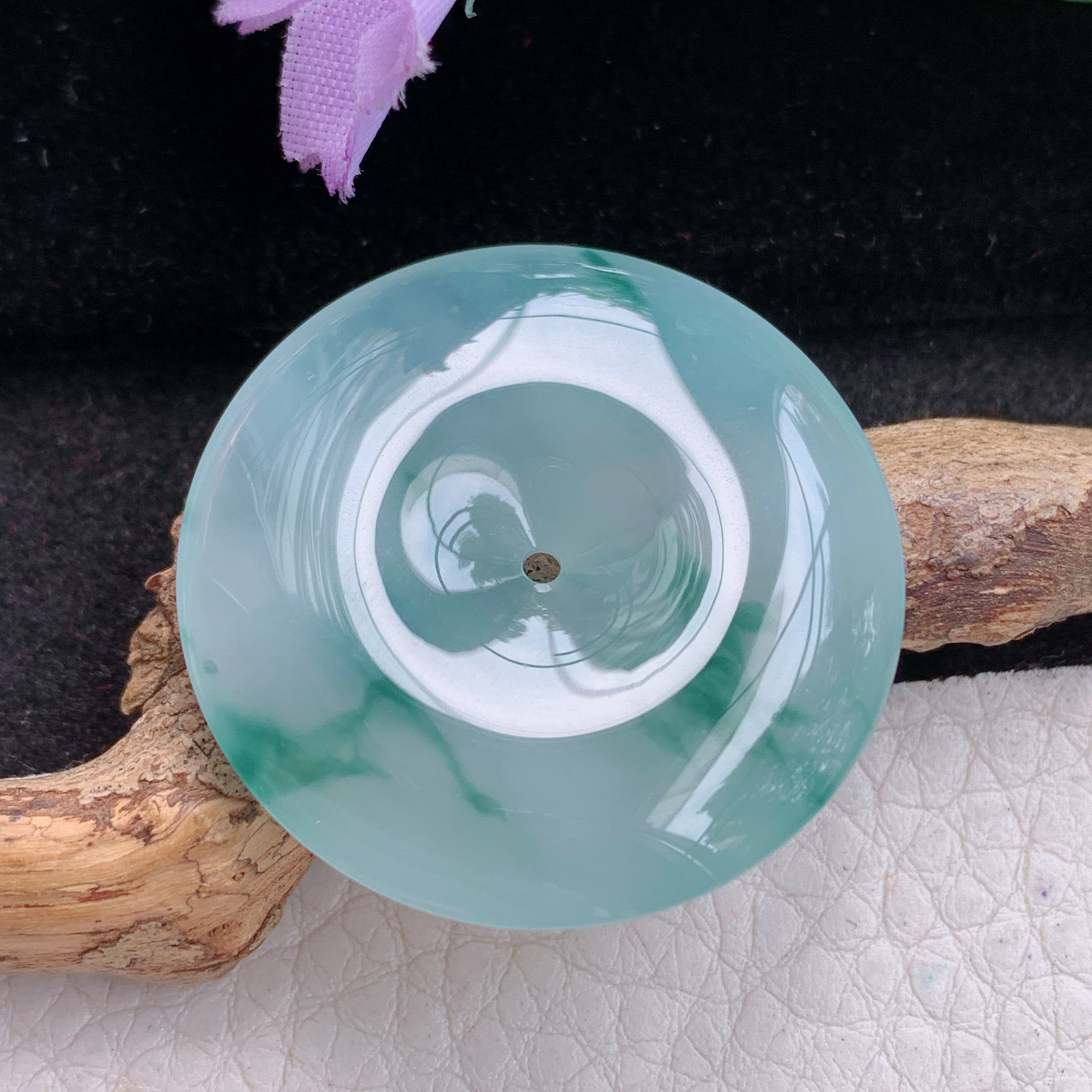 sx实拍34*5.8缅甸天然翡翠冰飘花饱满大平安扣 玉扣玉项坠 玉挂件