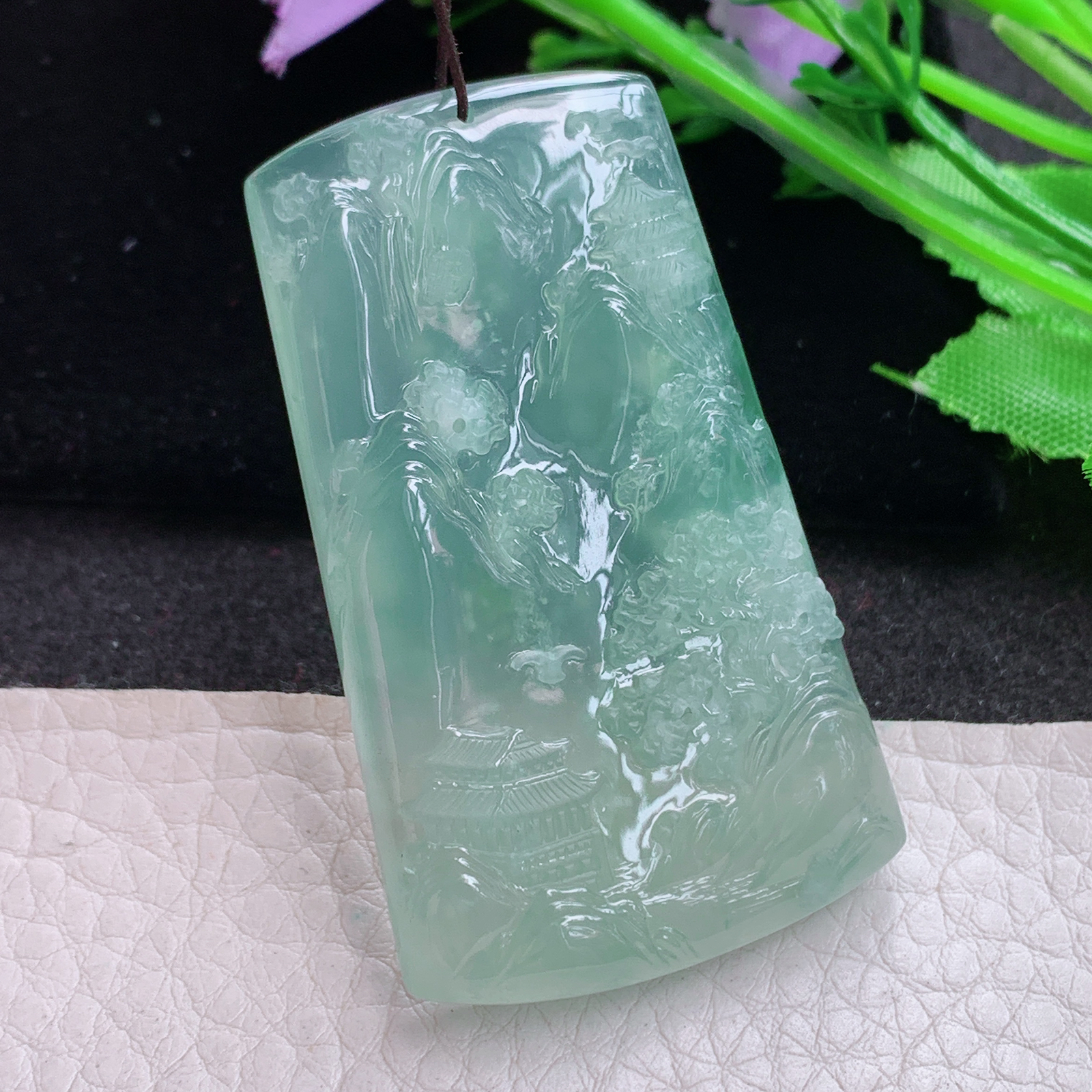 sx实拍54.6*32.8*6.7缅甸天然翡翠冰晴飘雪花绵山水 大好河山玉项坠 玉挂件