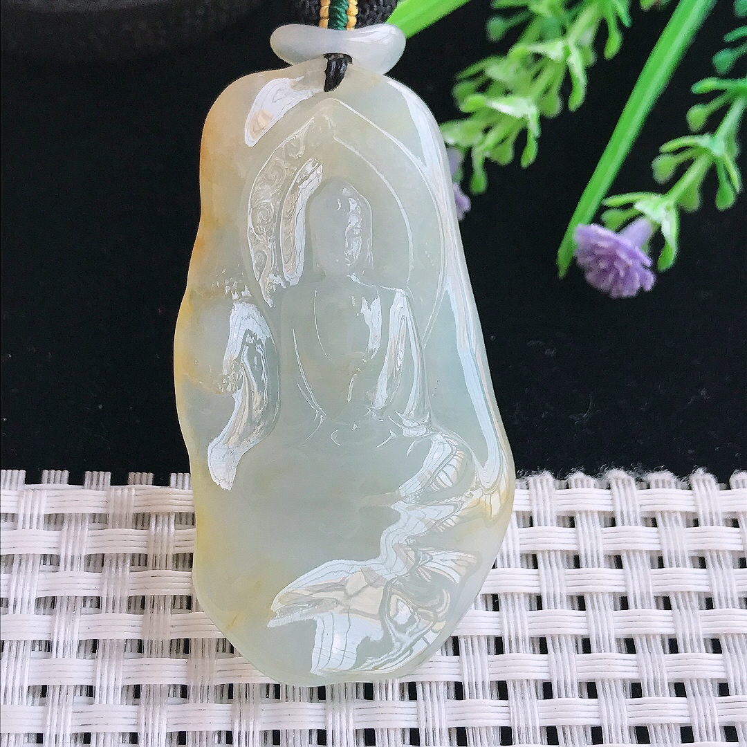 实拍A货翡翠54/30.8/8.6老坑冰胶果冻飘黄翡大日如来佛祖吊坠翡翠挂件