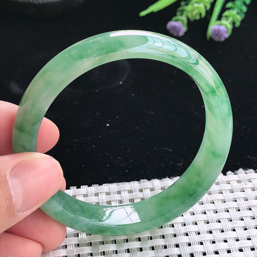 实拍天然翡翠56/12/7老坑冰胶果冻冰飘绿手镯翡翠玉镯手环