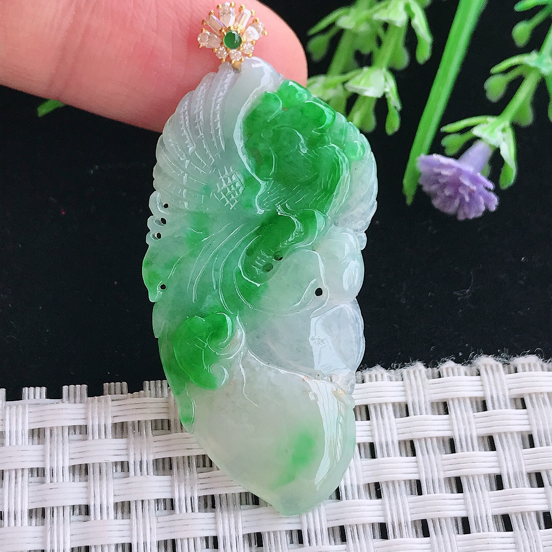 实拍A货翡翠45/22.8/3.6老坑18k金镶嵌飘阳绿凤凰吊坠翡翠挂件