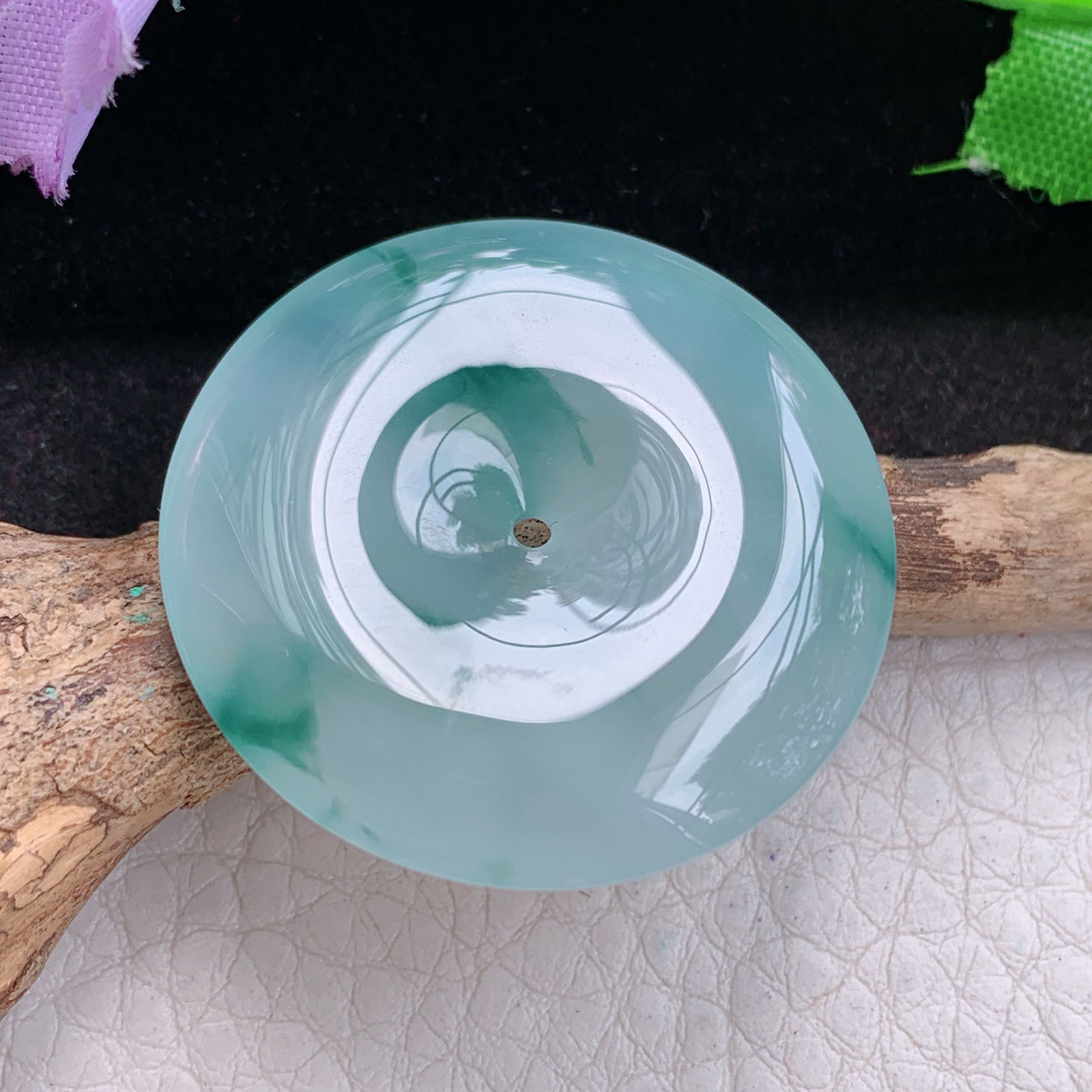 sx实拍34*5.8缅甸天然翡翠冰飘花饱满大平安扣 玉扣玉项坠 玉挂件