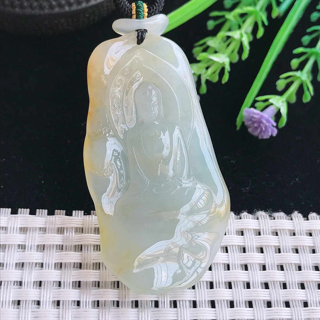 实拍A货翡翠54/30.8/8.6老坑冰胶果冻飘黄翡大日如来佛祖吊坠翡翠挂件