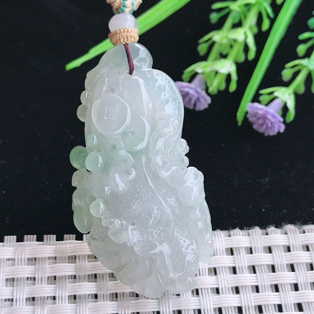 实拍A货翡翠50/25.6/9.6老坑冰胶水灵白菜吊坠翡翠百财挂件