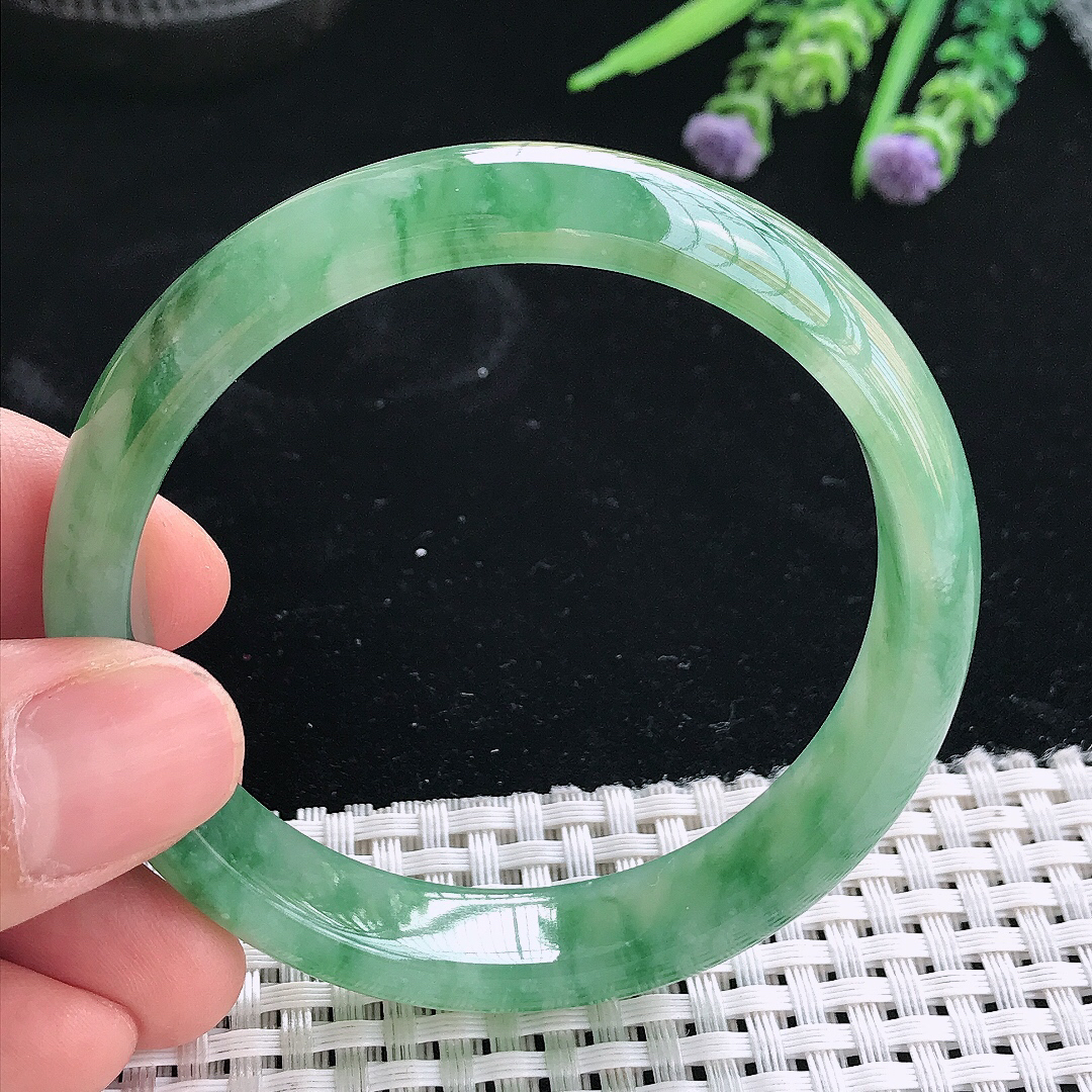 实拍天然翡翠56/12/7老坑冰胶果冻冰飘绿手镯翡翠玉镯手环