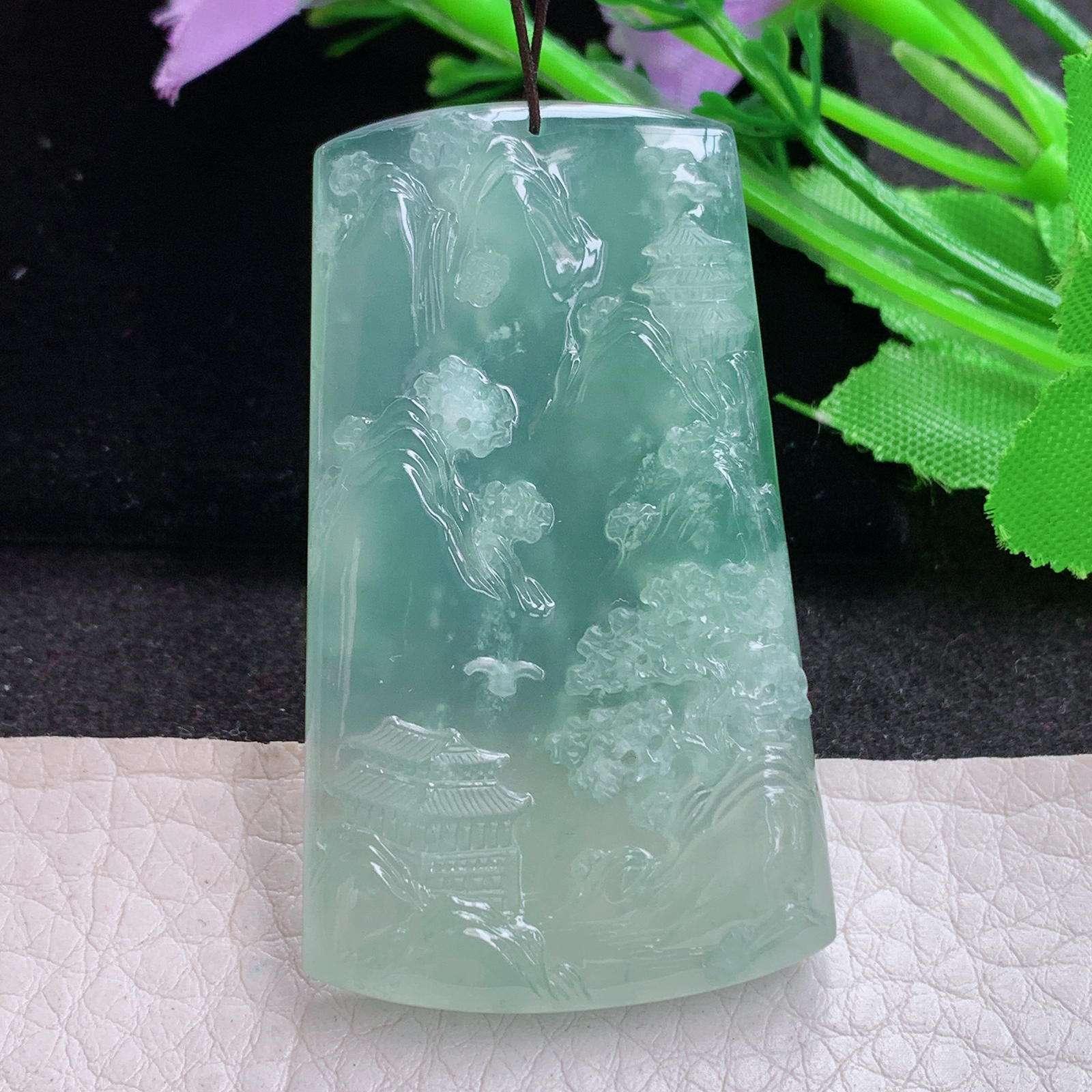 sx实拍54.6*32.8*6.7缅甸天然翡翠冰晴飘雪花绵山水 大好河山玉项坠 玉挂件