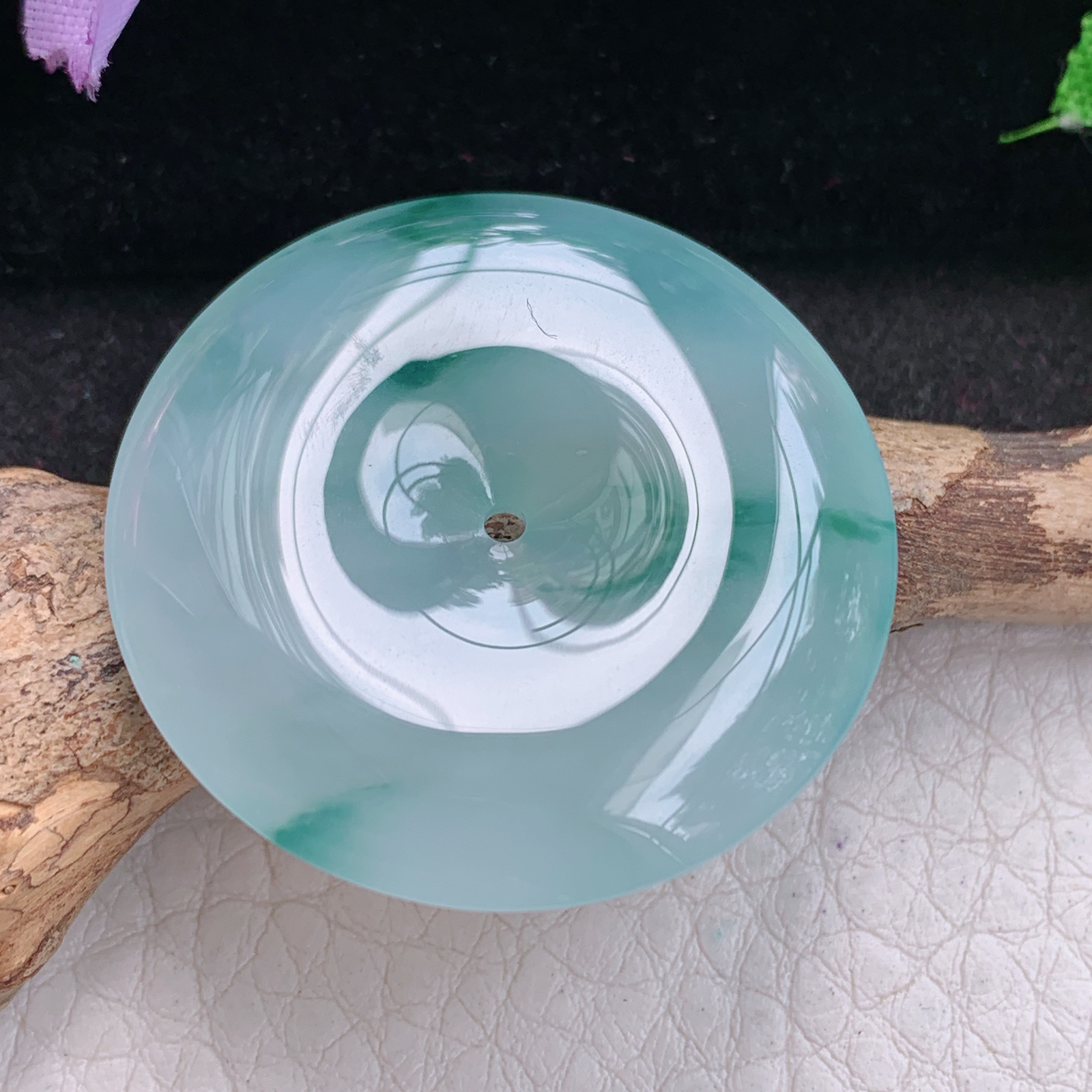 sx实拍34*5.8缅甸天然翡翠冰飘花饱满大平安扣 玉扣玉项坠 玉挂件