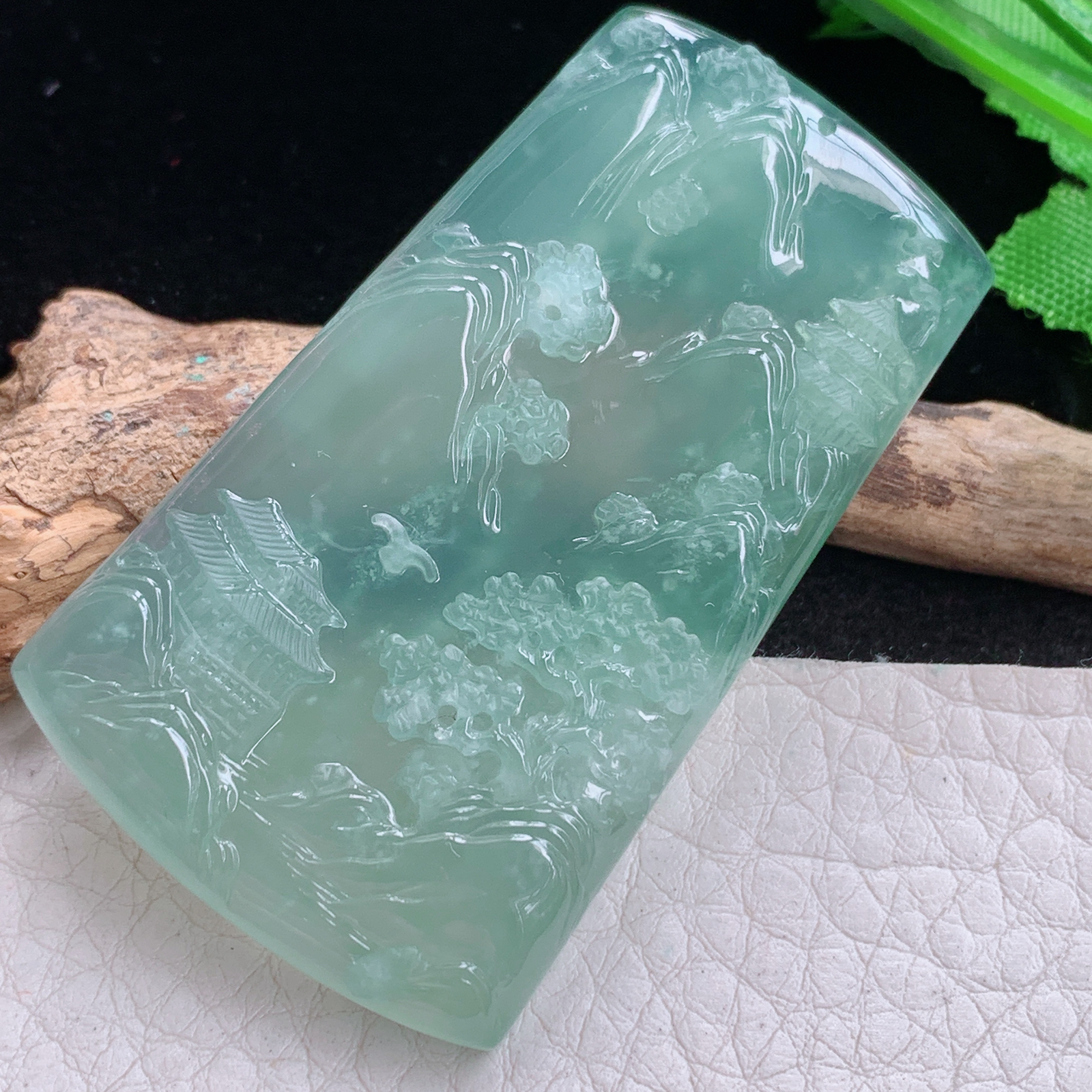 sx实拍54.6*32.8*6.7缅甸天然翡翠冰晴飘雪花绵山水 大好河山玉项坠 玉挂件