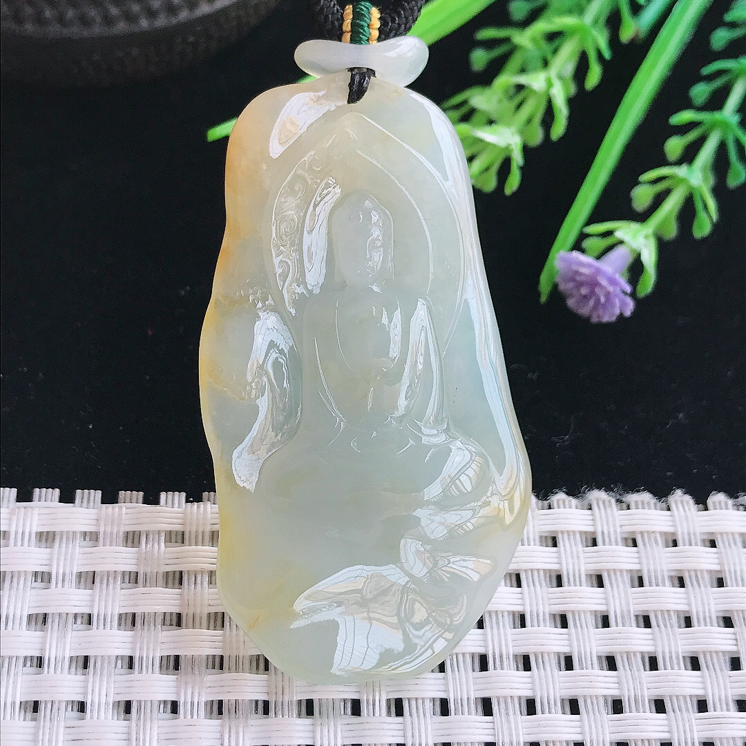 实拍A货翡翠54/30.8/8.6老坑冰胶果冻飘黄翡大日如来佛祖吊坠翡翠挂件