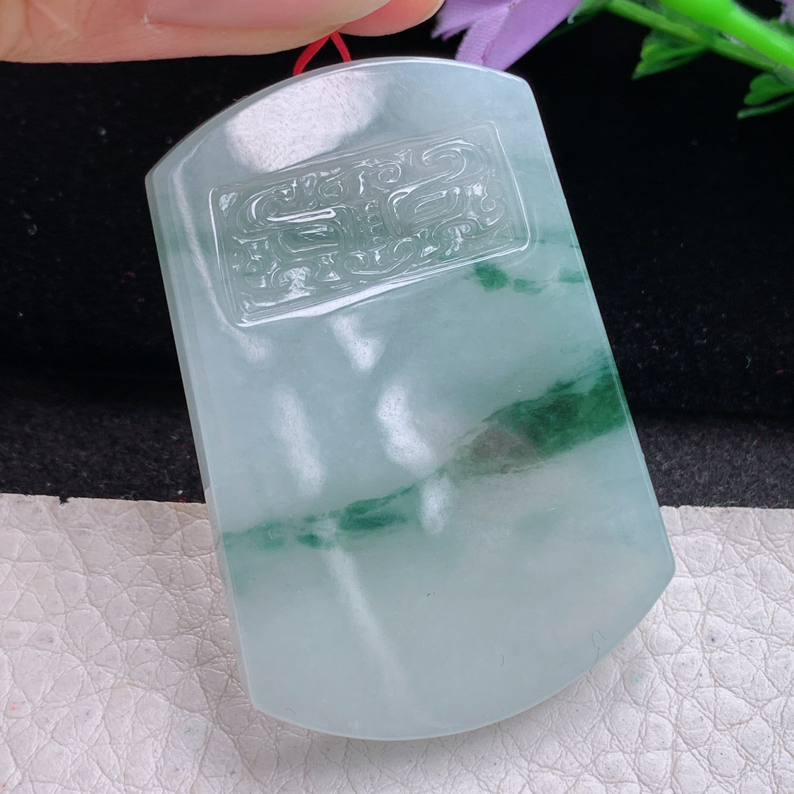 ktj实拍52*35*5.8缅甸天然翡翠冰飘花怀古雕平安无事牌 素面牌玉项坠 玉挂件
