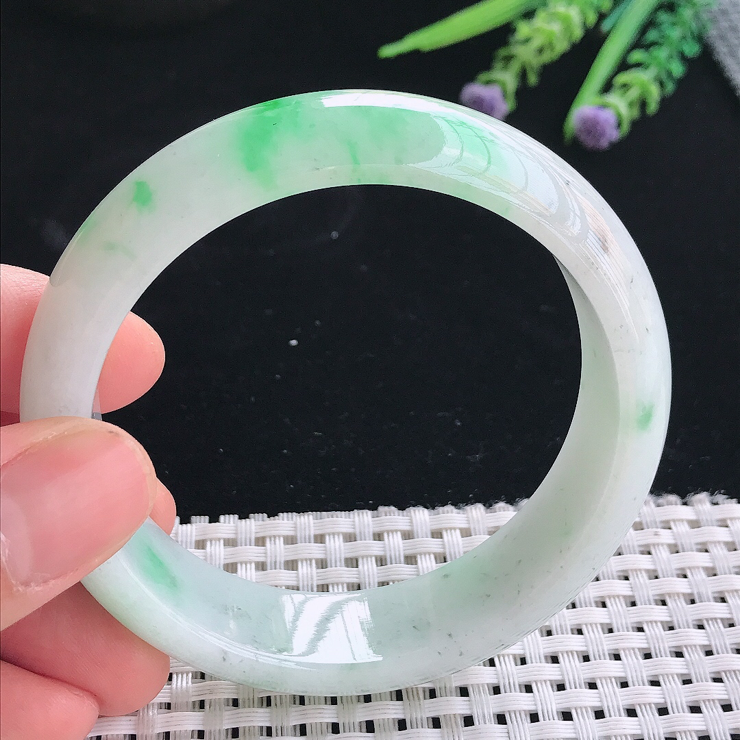 实拍天然翡翠58.5/16.4/8.2老坑冰润飘阳绿轮胎手镯翡翠玉镯手环
