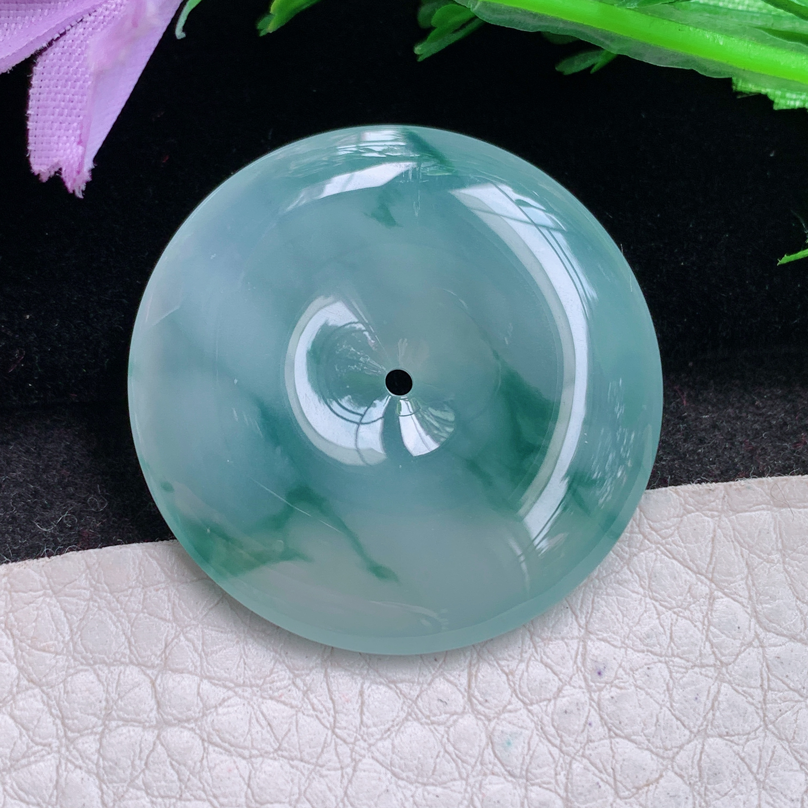 sx实拍34*5.8缅甸天然翡翠冰飘花饱满大平安扣 玉扣玉项坠 玉挂件