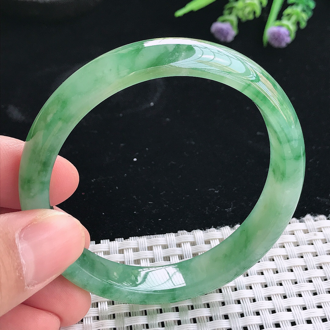 实拍天然翡翠56/12/7老坑冰胶果冻冰飘绿手镯翡翠玉镯手环