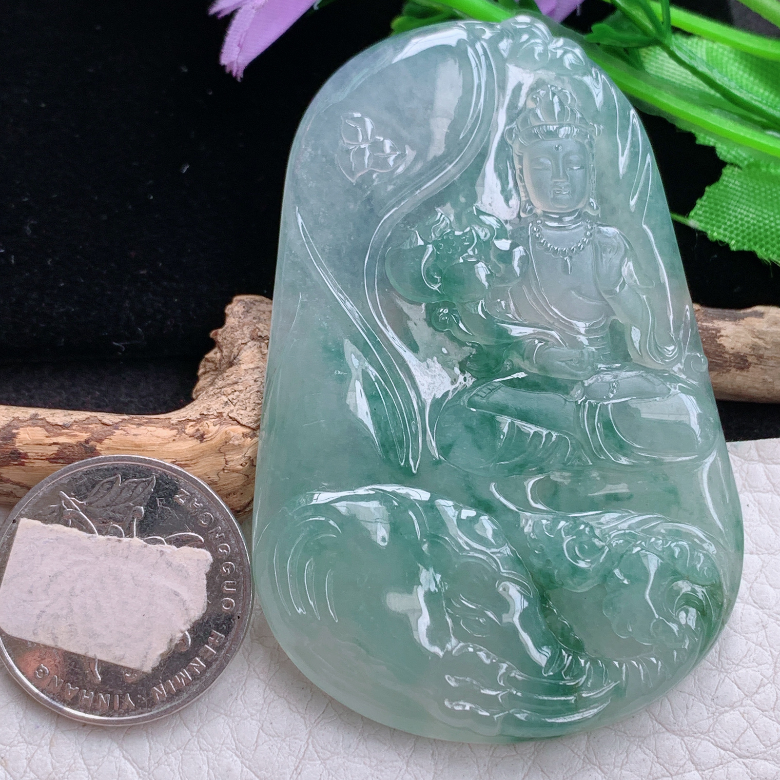 ktj实拍70.5*46.5*5.8缅甸天然翡翠冰飘花生肖守护神普贤菩萨玉项坠 玉挂件