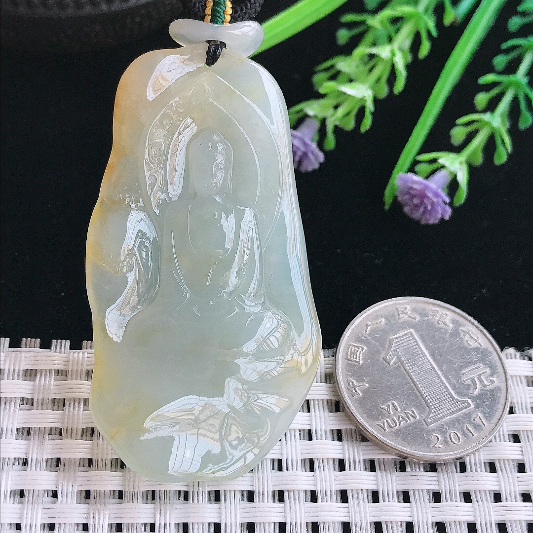 实拍A货翡翠54/30.8/8.6老坑冰胶果冻飘黄翡大日如来佛祖吊坠翡翠挂件