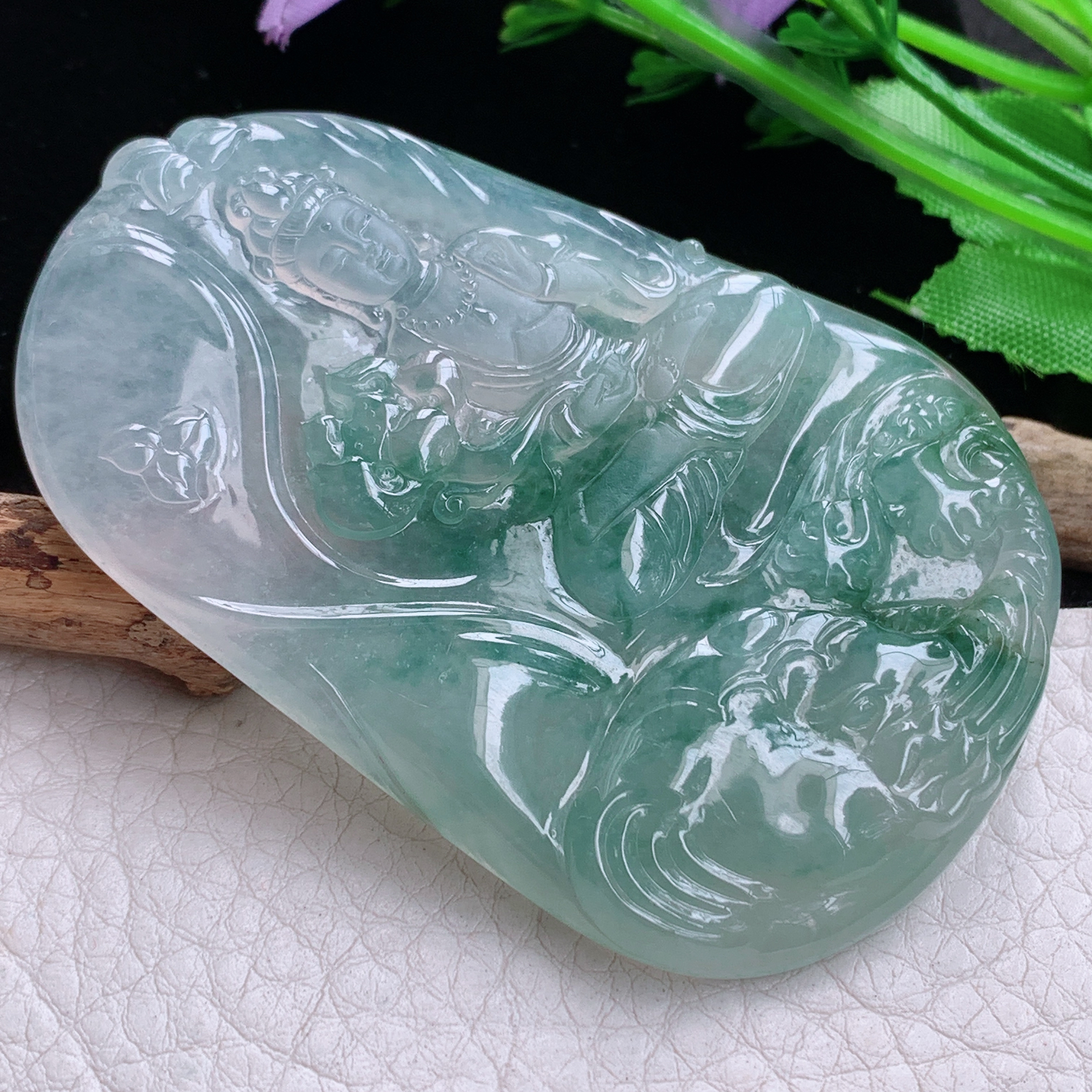 ktj实拍70.5*46.5*5.8缅甸天然翡翠冰飘花生肖守护神普贤菩萨玉项坠 玉挂件