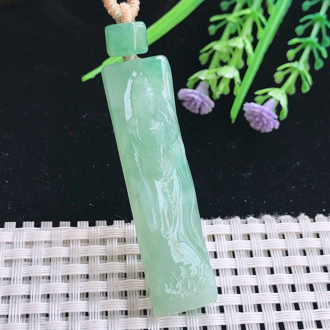 实拍A货翡翠55/14.2/8.2老坑冰胶水灵冰晴绿赐福观音吊坠翡翠挂件