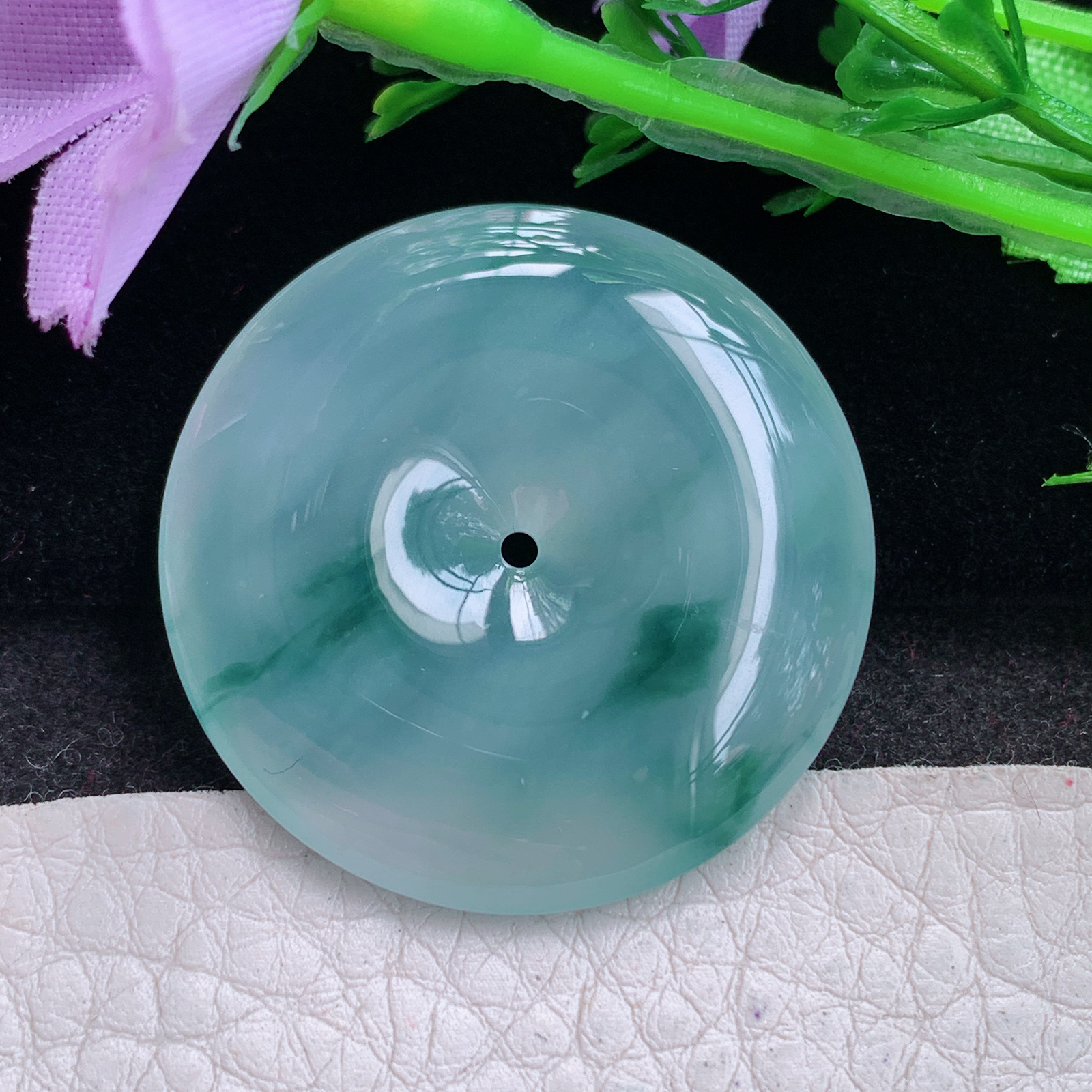 sx实拍34*5.8缅甸天然翡翠冰飘花饱满大平安扣 玉扣玉项坠 玉挂件