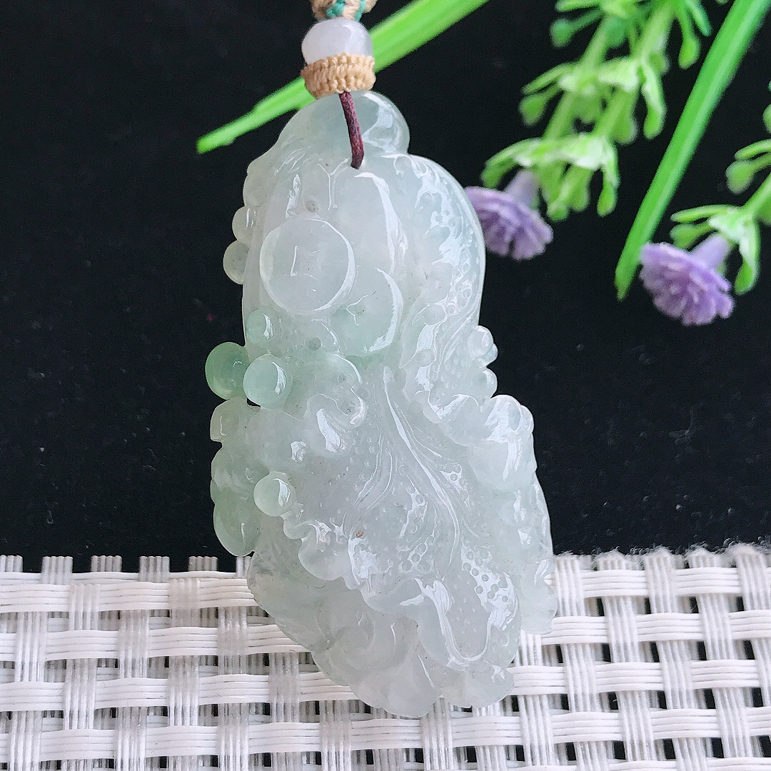 实拍A货翡翠50/25.6/9.6老坑冰胶水灵白菜吊坠翡翠百财挂件
