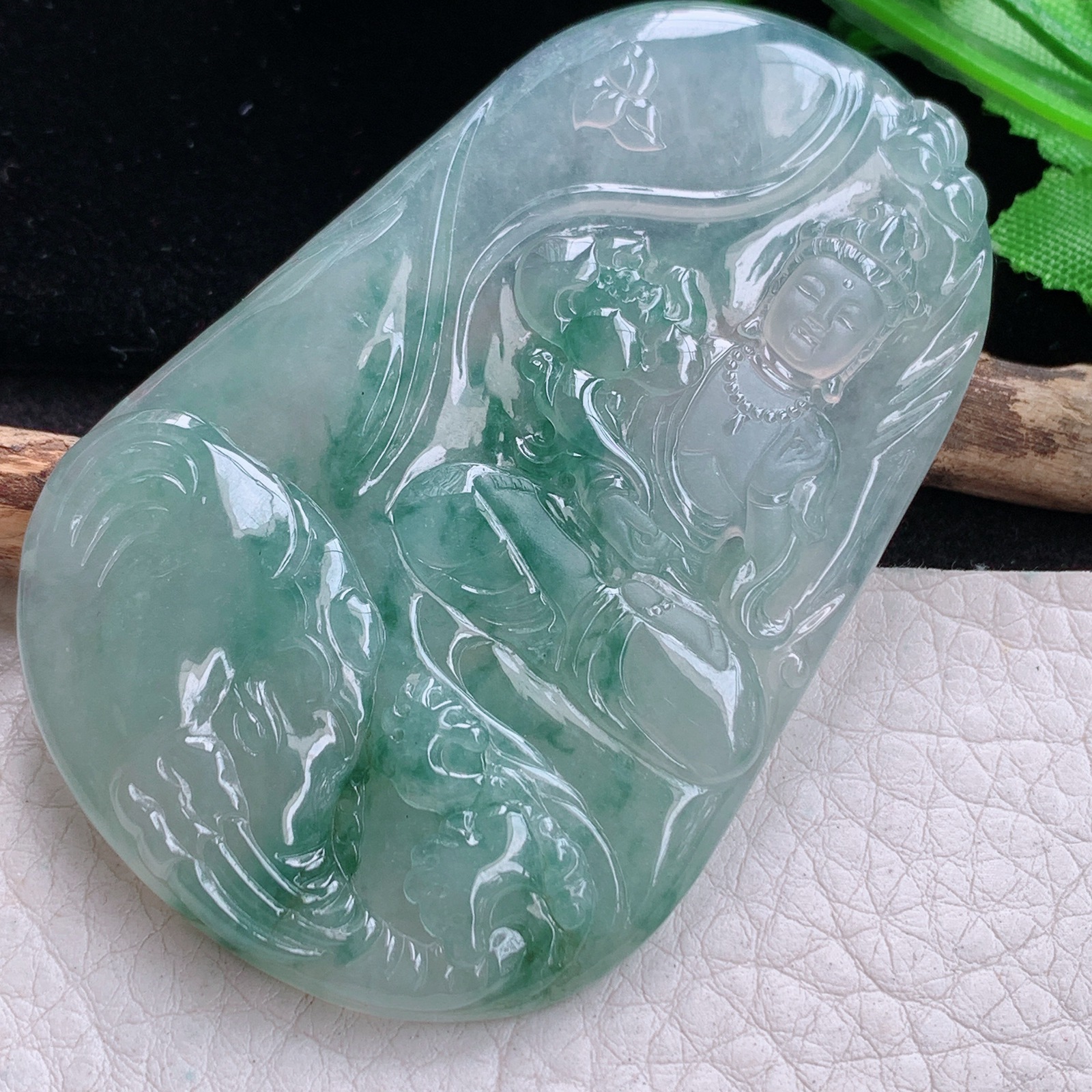 ktj实拍70.5*46.5*5.8缅甸天然翡翠冰飘花生肖守护神普贤菩萨玉项坠 玉挂件