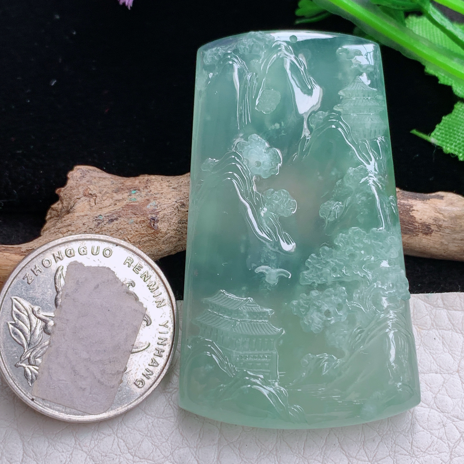 sx实拍54.6*32.8*6.7缅甸天然翡翠冰晴飘雪花绵山水 大好河山玉项坠 玉挂件