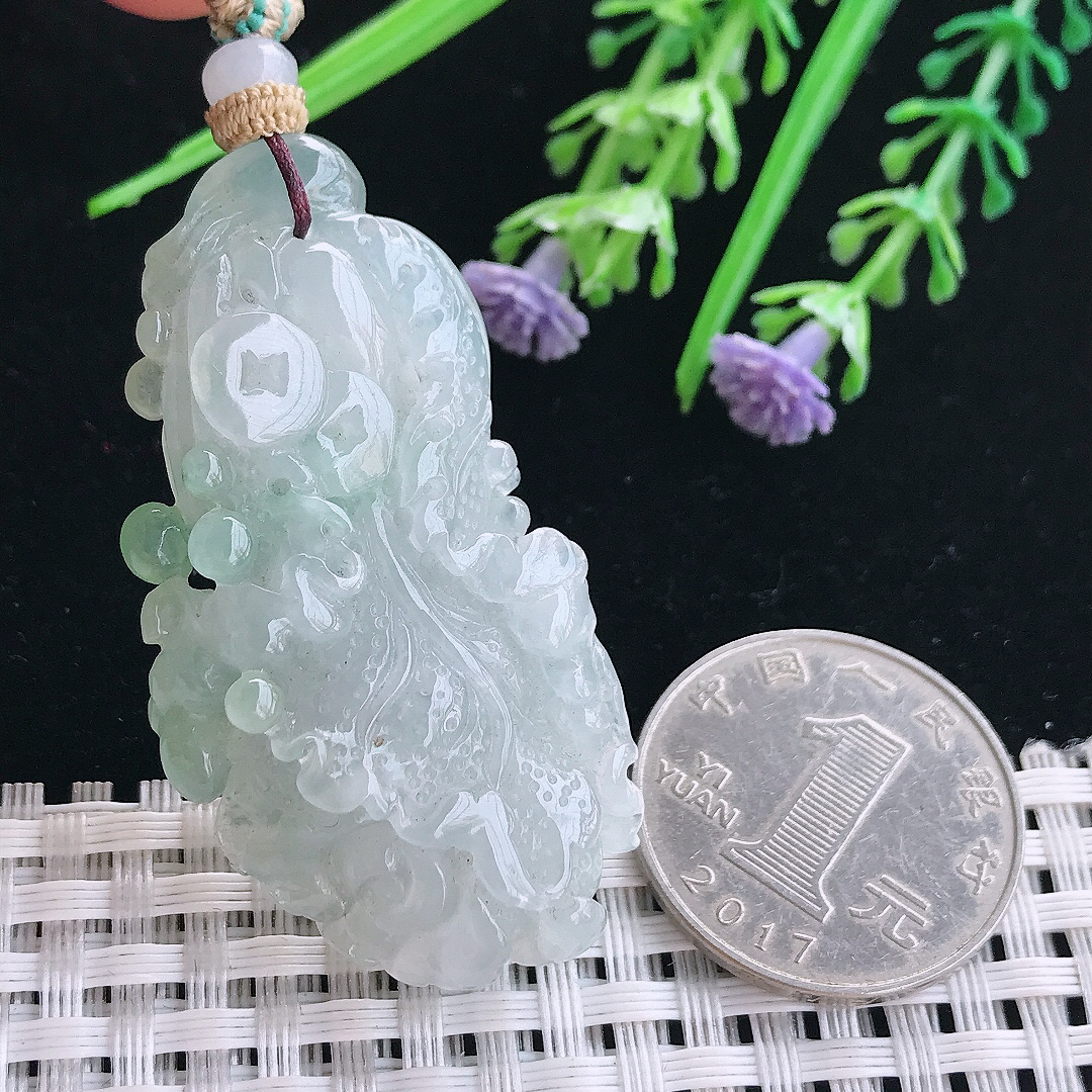 实拍A货翡翠50/25.6/9.6老坑冰胶水灵白菜吊坠翡翠百财挂件
