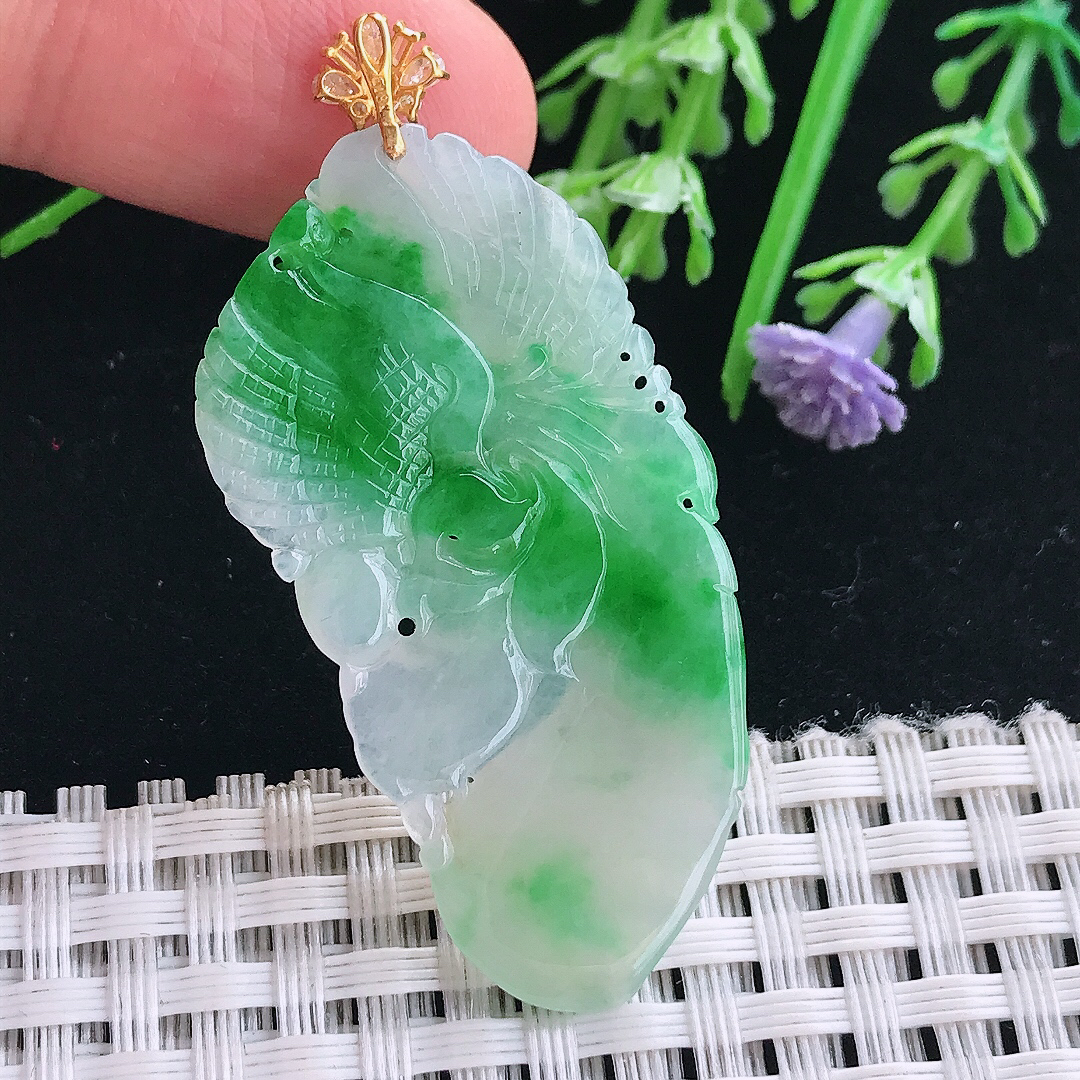 实拍A货翡翠45/22.8/3.6老坑18k金镶嵌飘阳绿凤凰吊坠翡翠挂件