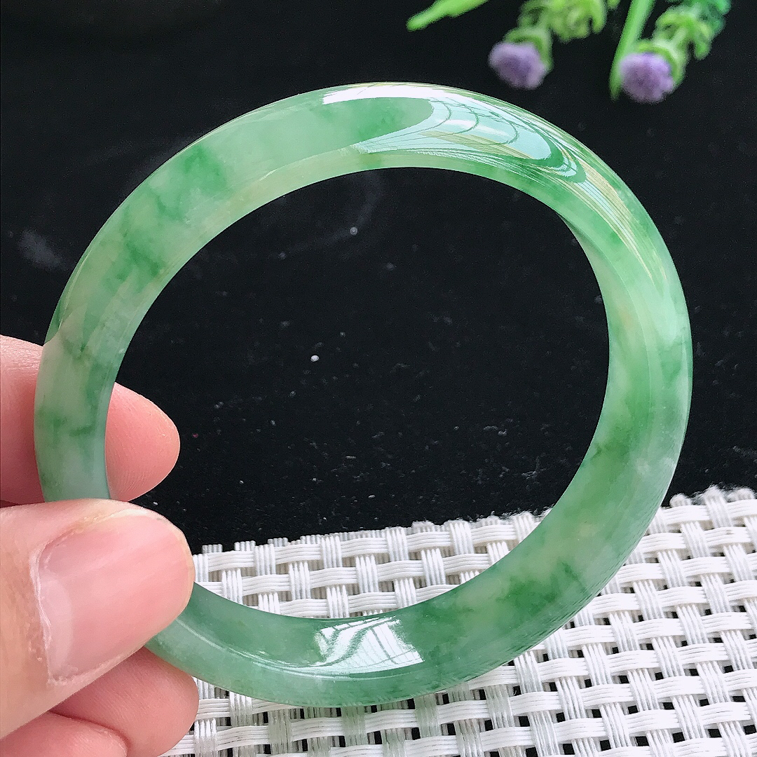 实拍天然翡翠56/12/7老坑冰胶果冻冰飘绿手镯翡翠玉镯手环