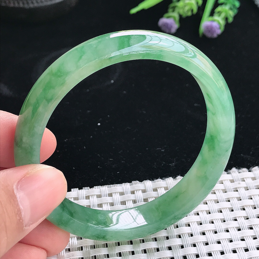 实拍天然翡翠56/12/7老坑冰胶果冻冰飘绿手镯翡翠玉镯手环