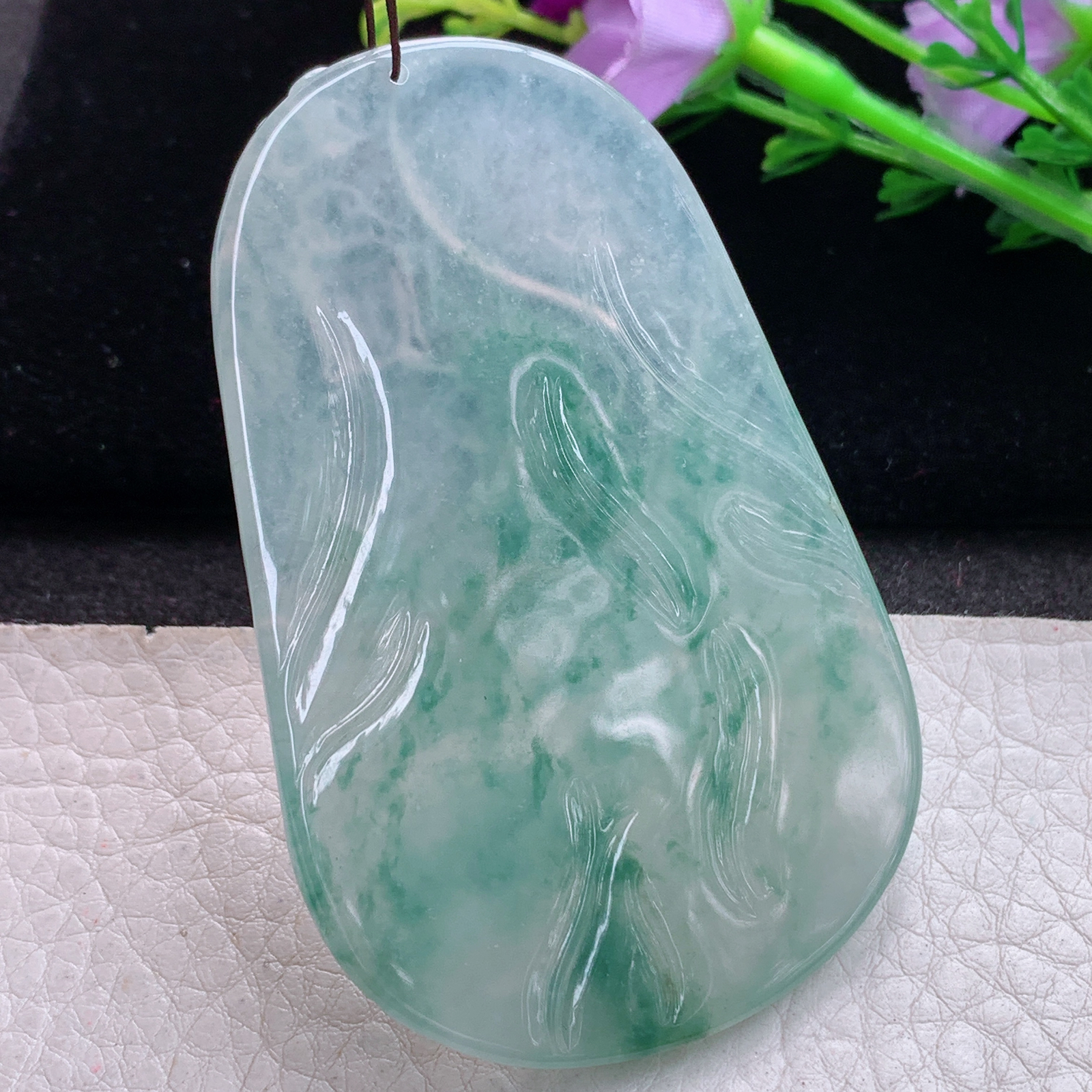 ktj实拍70.5*46.5*5.8缅甸天然翡翠冰飘花生肖守护神普贤菩萨玉项坠 玉挂件
