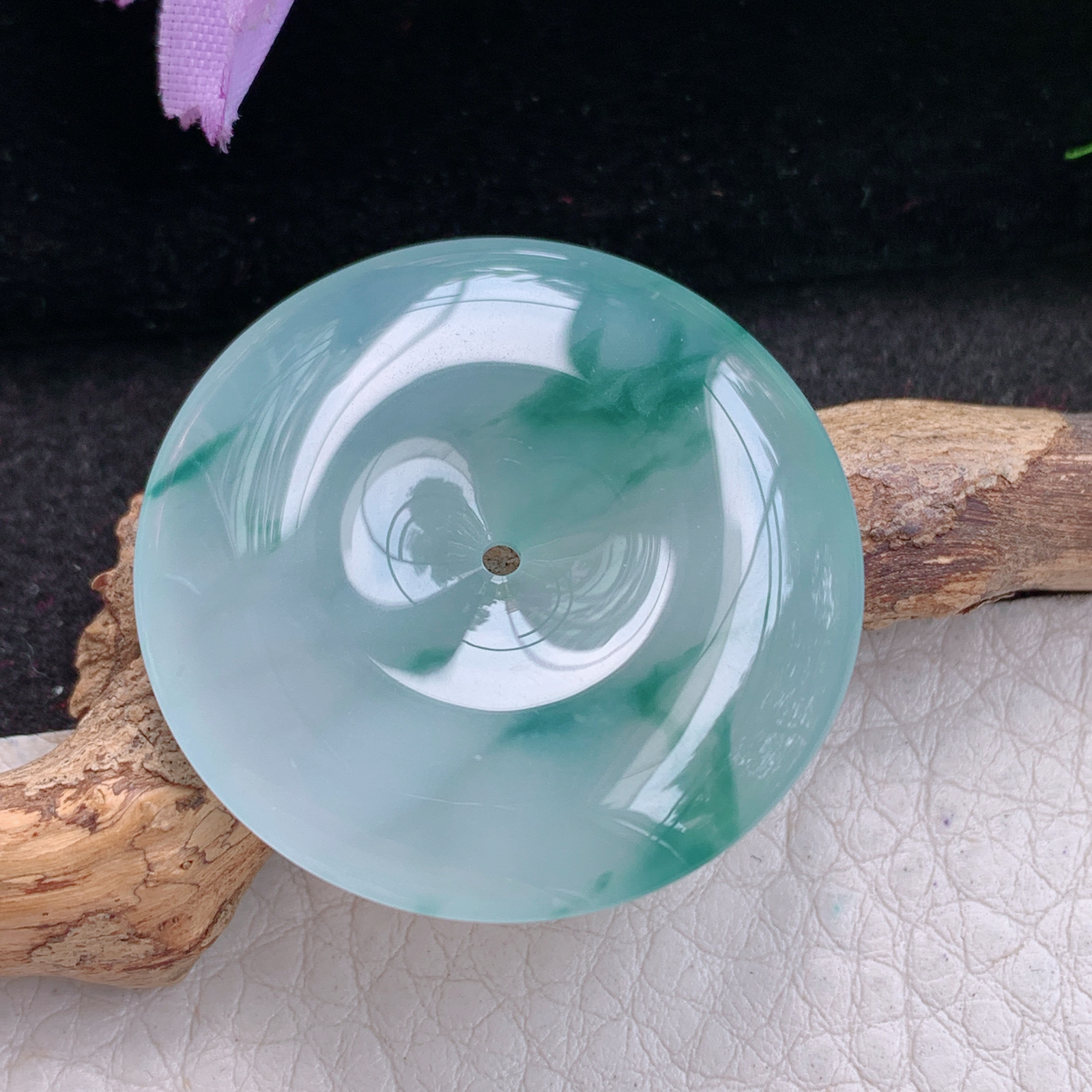 sx实拍34*5.8缅甸天然翡翠冰飘花饱满大平安扣 玉扣玉项坠 玉挂件