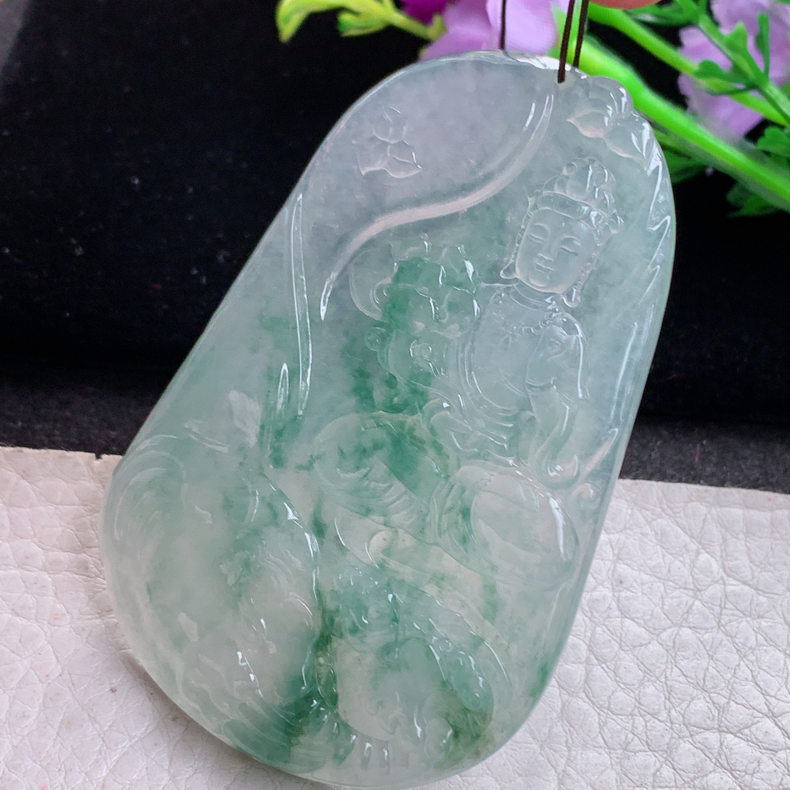 ktj实拍70.5*46.5*5.8缅甸天然翡翠冰飘花生肖守护神普贤菩萨玉项坠 玉挂件