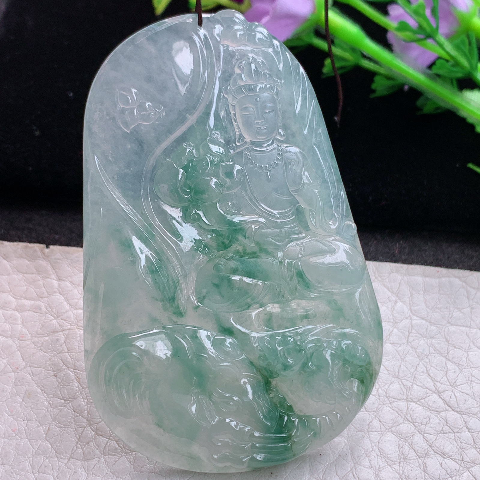 ktj实拍70.5*46.5*5.8缅甸天然翡翠冰飘花生肖守护神普贤菩萨玉项坠 玉挂件