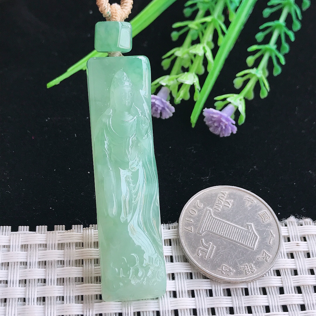 实拍A货翡翠55/14.2/8.2老坑冰胶水灵冰晴绿赐福观音吊坠翡翠挂件