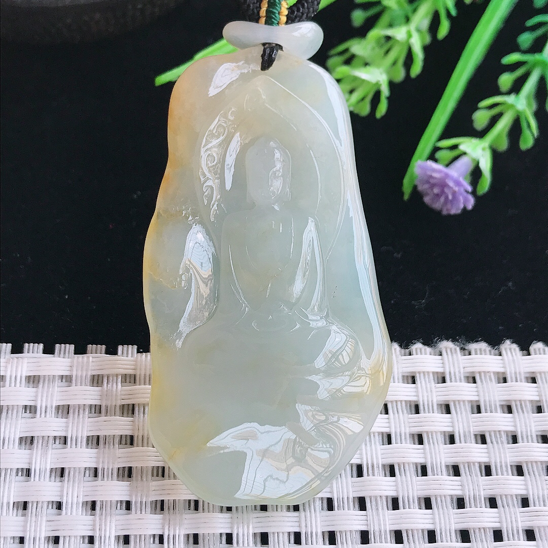实拍A货翡翠54/30.8/8.6老坑冰胶果冻飘黄翡大日如来佛祖吊坠翡翠挂件