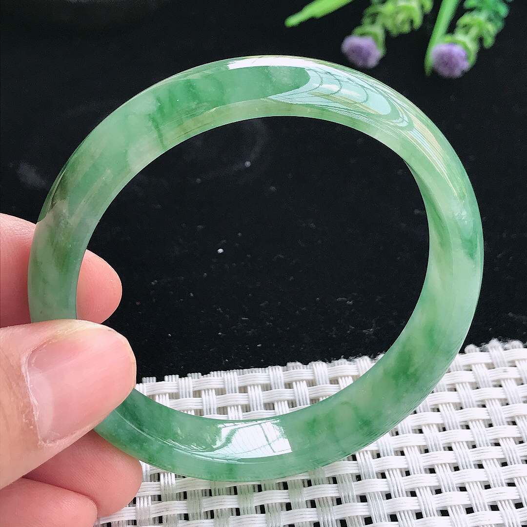 实拍天然翡翠56/12/7老坑冰胶果冻冰飘绿手镯翡翠玉镯手环