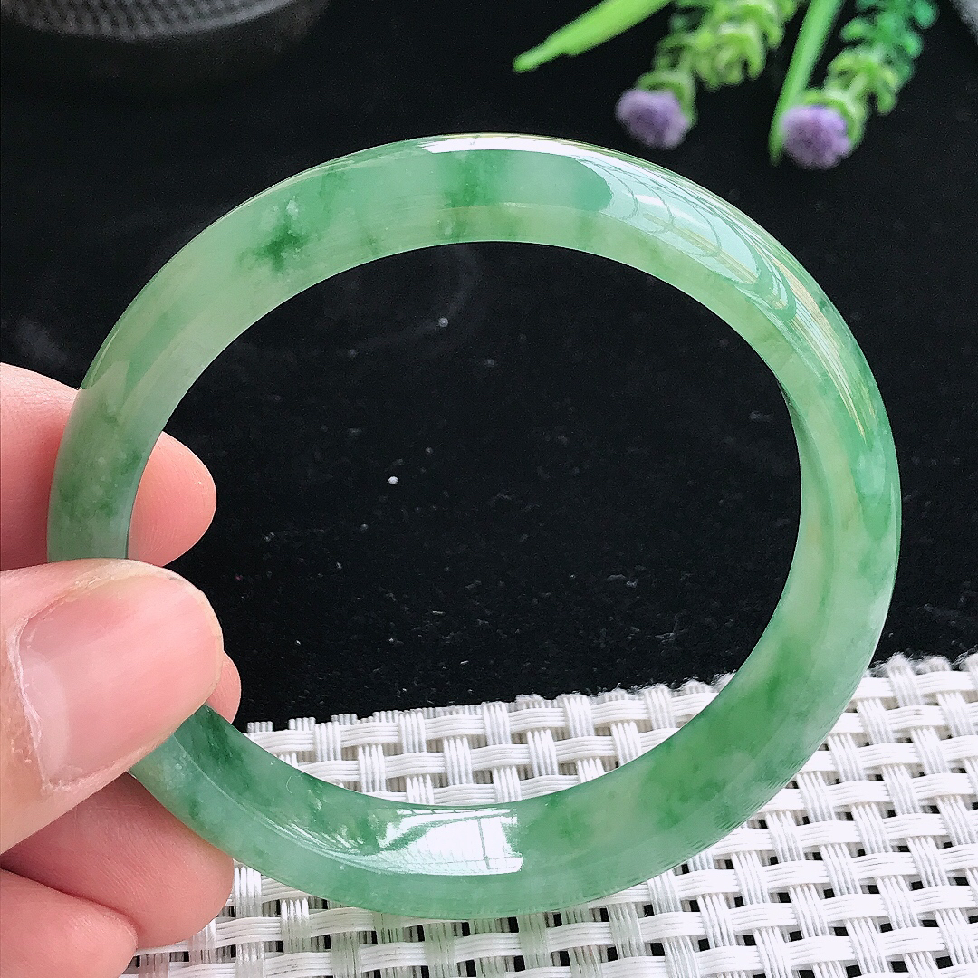 实拍天然翡翠56/12/7老坑冰胶果冻冰飘绿手镯翡翠玉镯手环