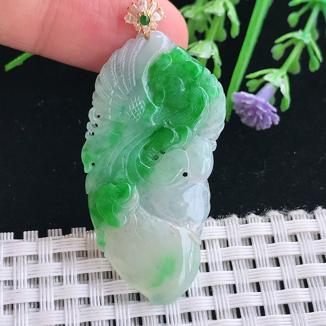 实拍A货翡翠45/22.8/3.6老坑18k金镶嵌飘阳绿凤凰吊坠翡翠挂件