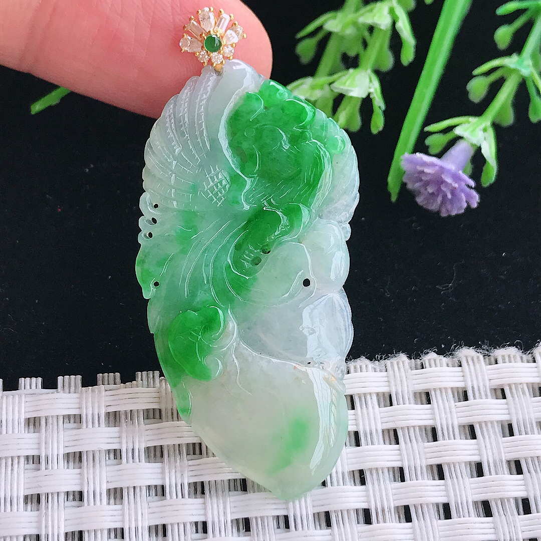 实拍A货翡翠45/22.8/3.6老坑18k金镶嵌飘阳绿凤凰吊坠翡翠挂件